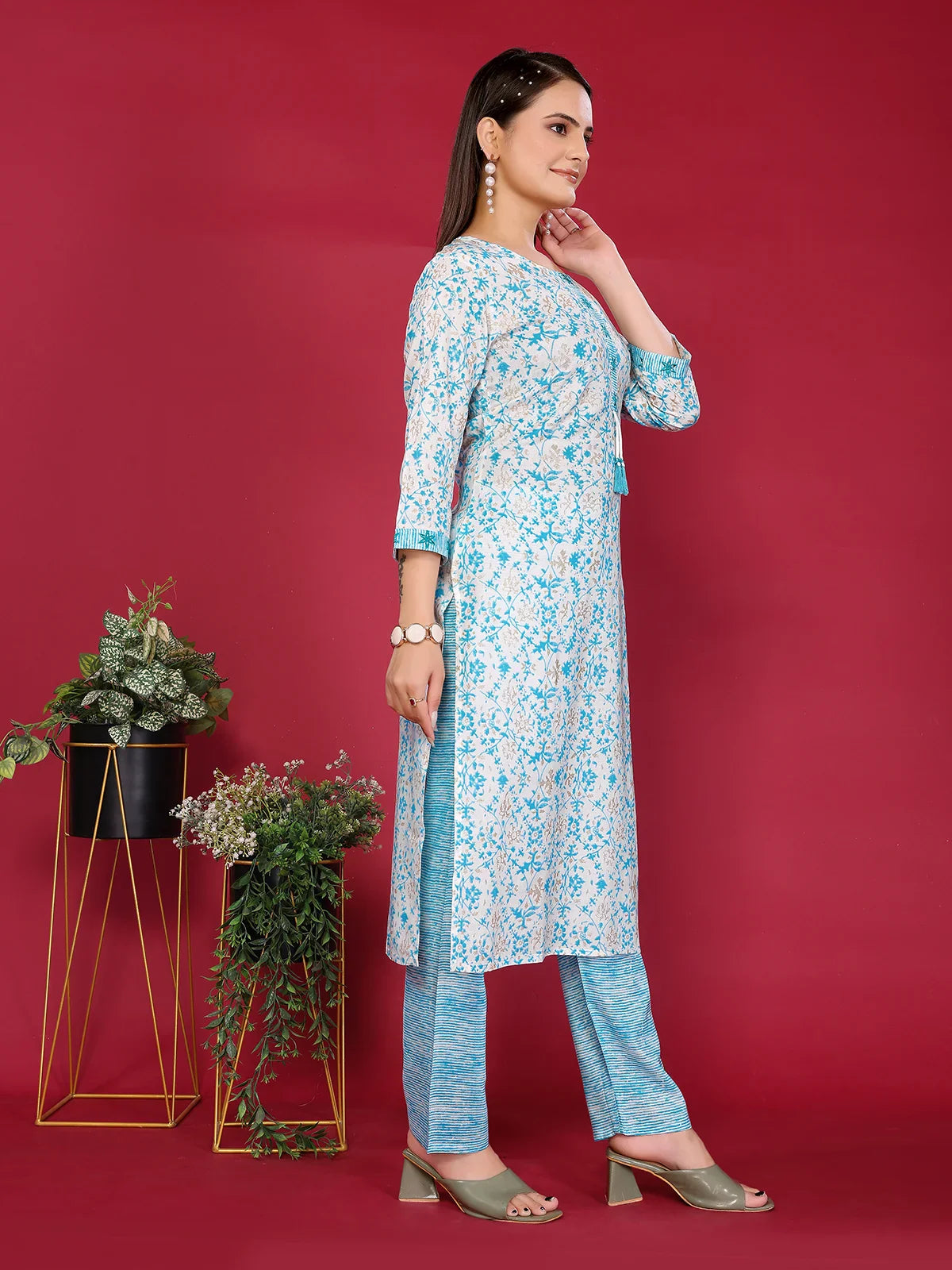Buy Rayon Embroidered Straight Calf Length Kurta with Pant-Turquoise