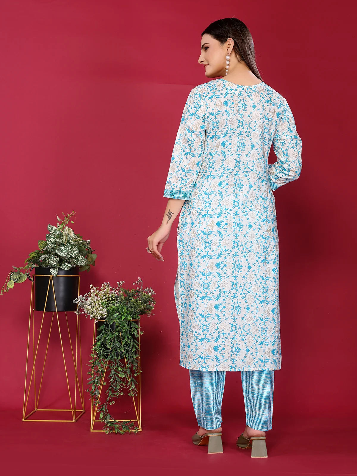 Buy Rayon Embroidered Straight Calf Length Kurta with Pant-Turquoise
