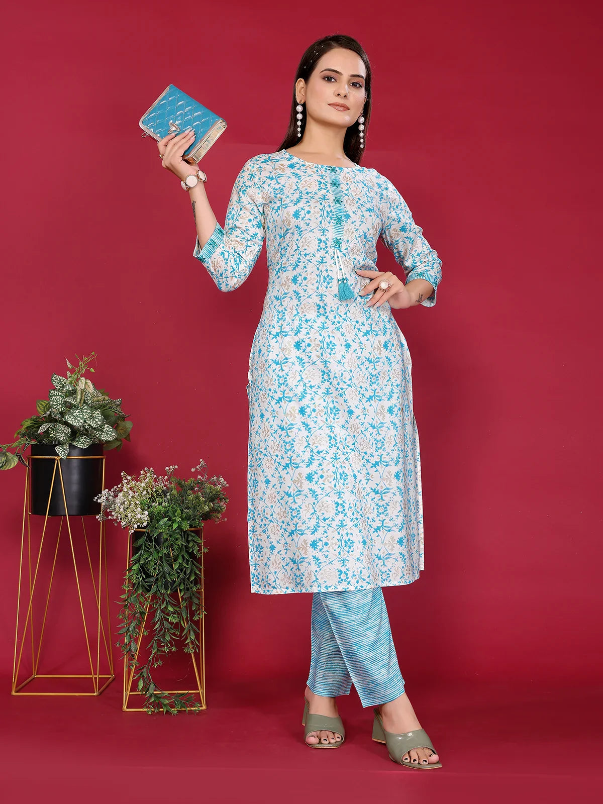 Buy Rayon Embroidered Straight Calf Length Kurta with Pant-Turquoise