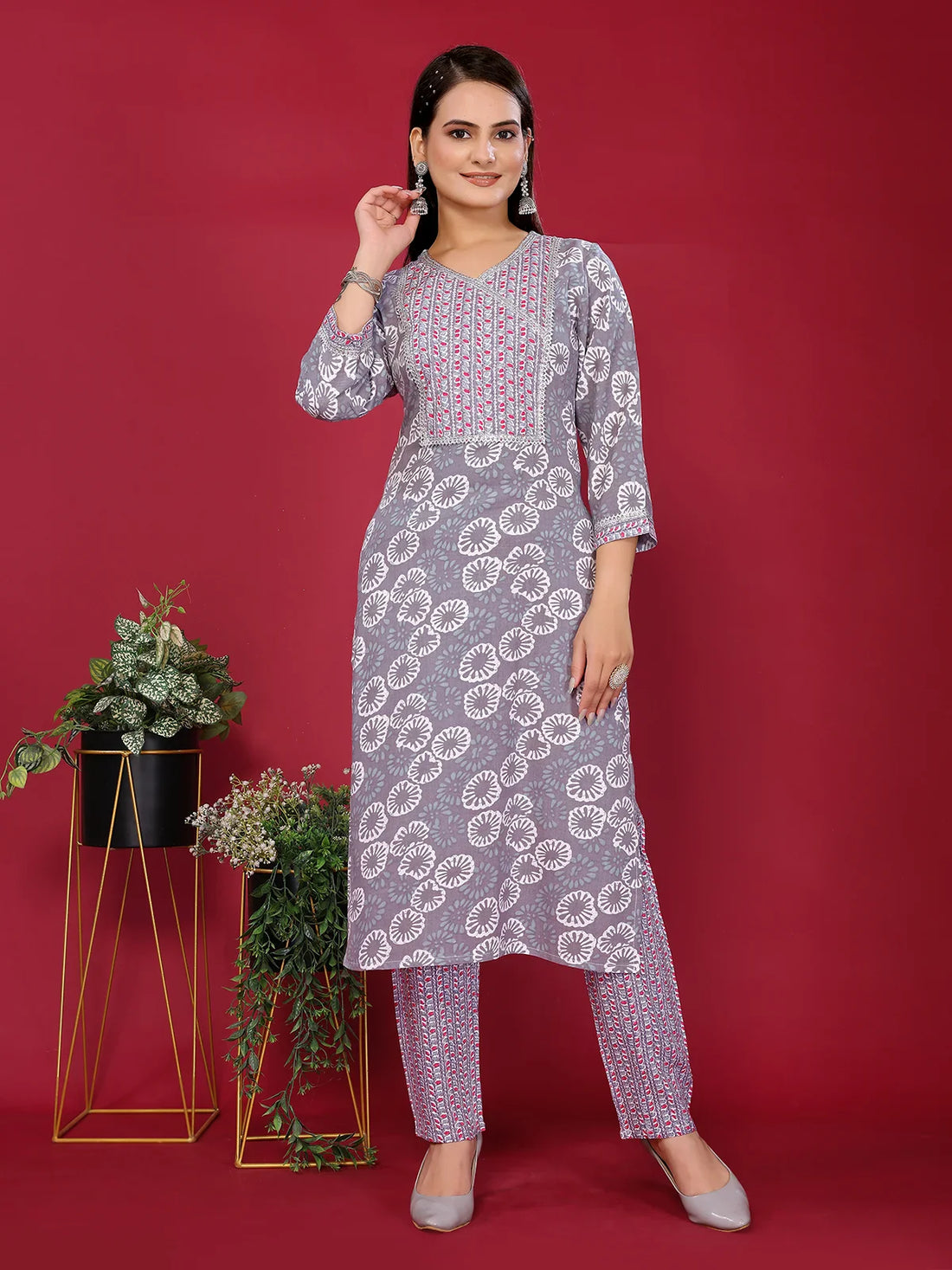 Buy Rayon Printed Straight Calf Length Kurta with Pant-Grey
