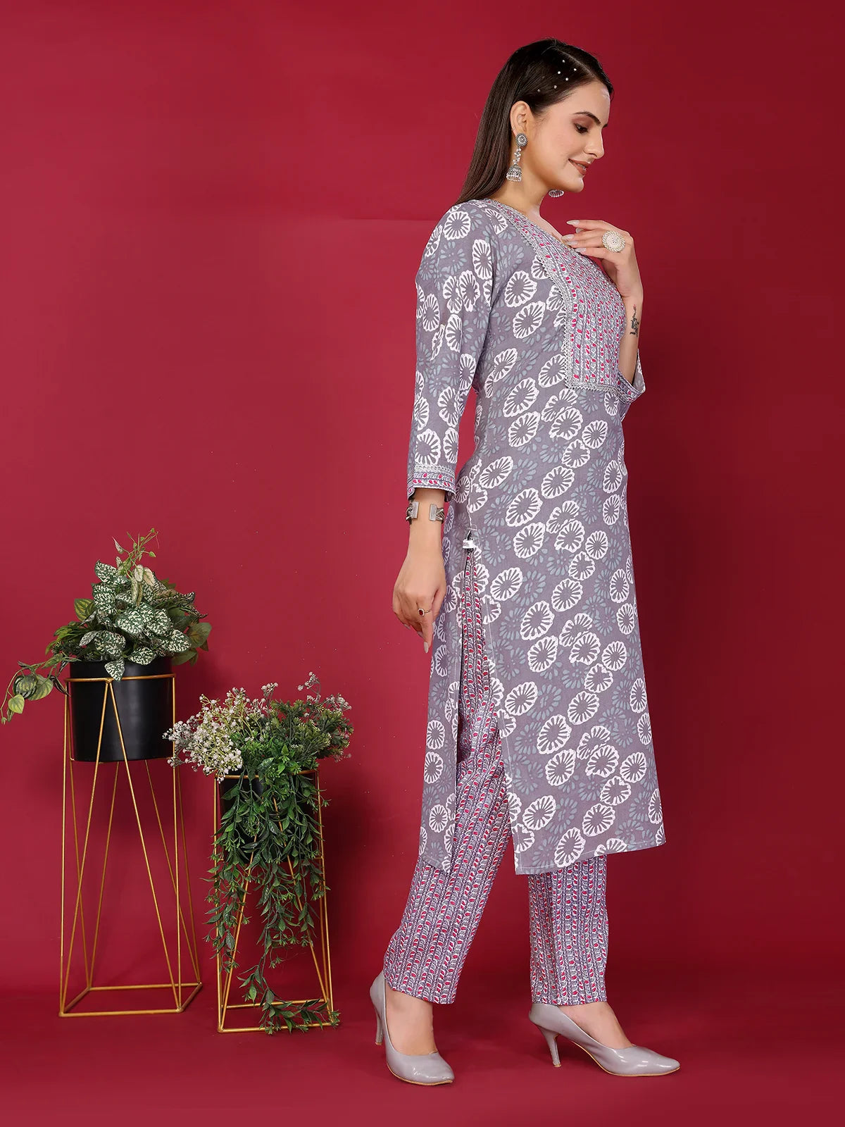Buy Rayon Printed Straight Calf Length Kurta with Pant-Grey