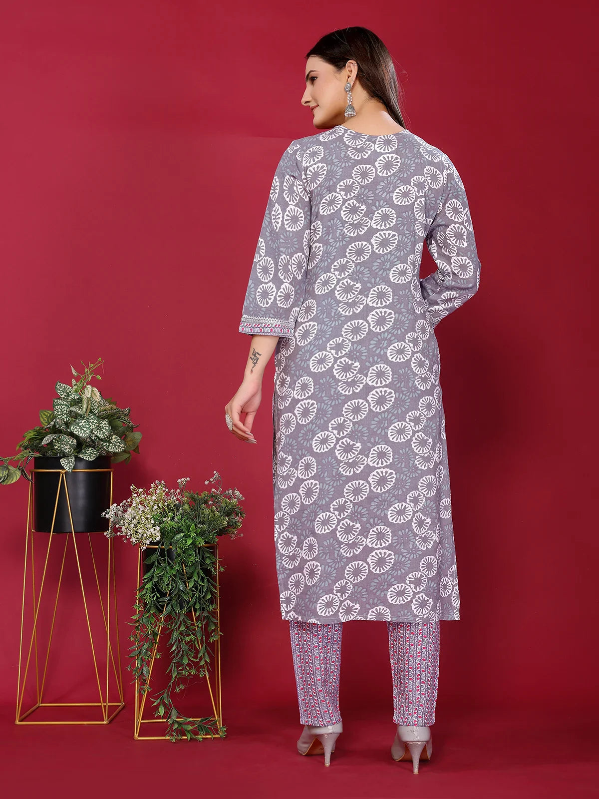 Buy Rayon Printed Straight Calf Length Kurta with Pant-Grey