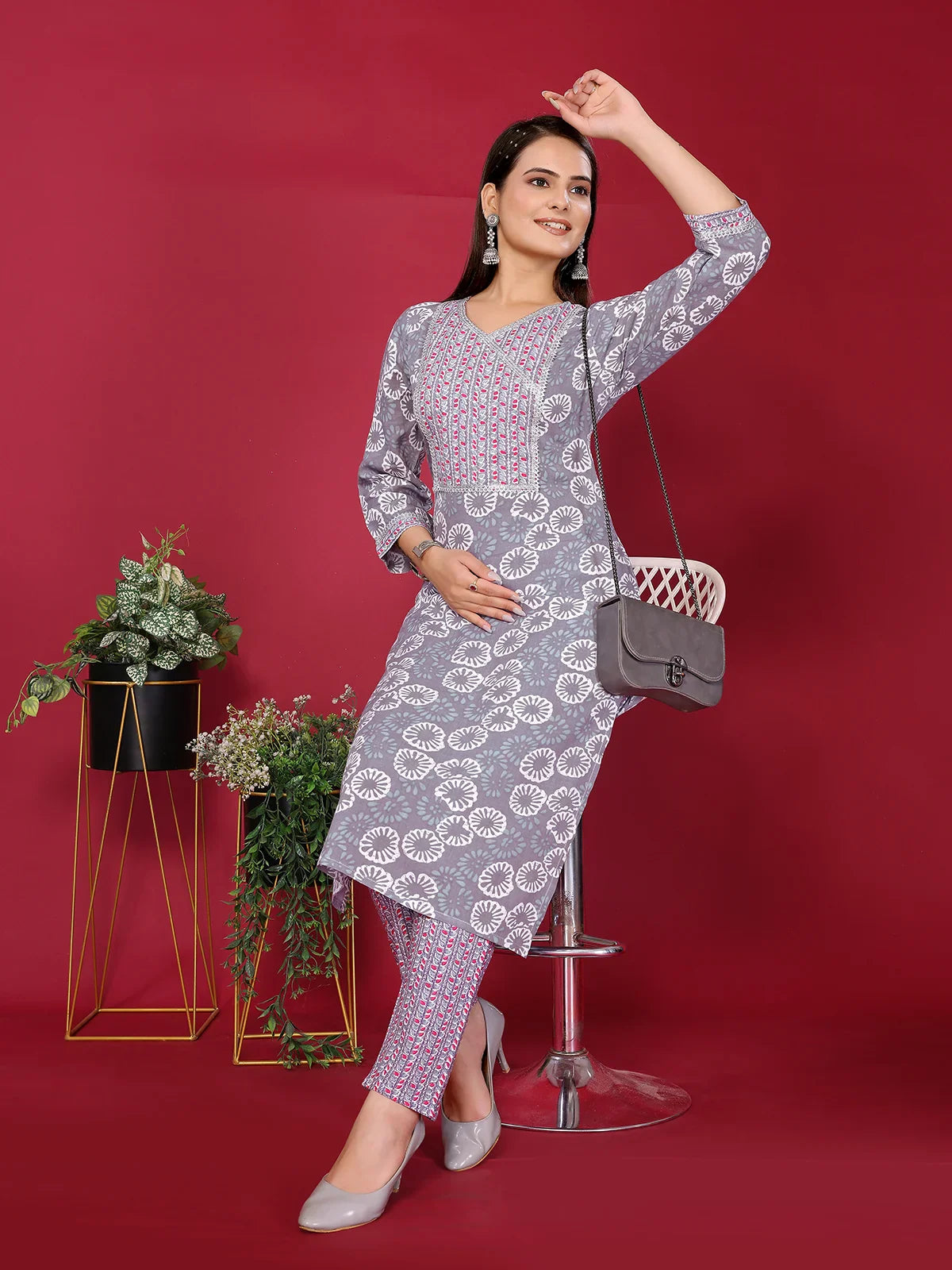 Buy Rayon Printed Straight Calf Length Kurta with Pant-Grey