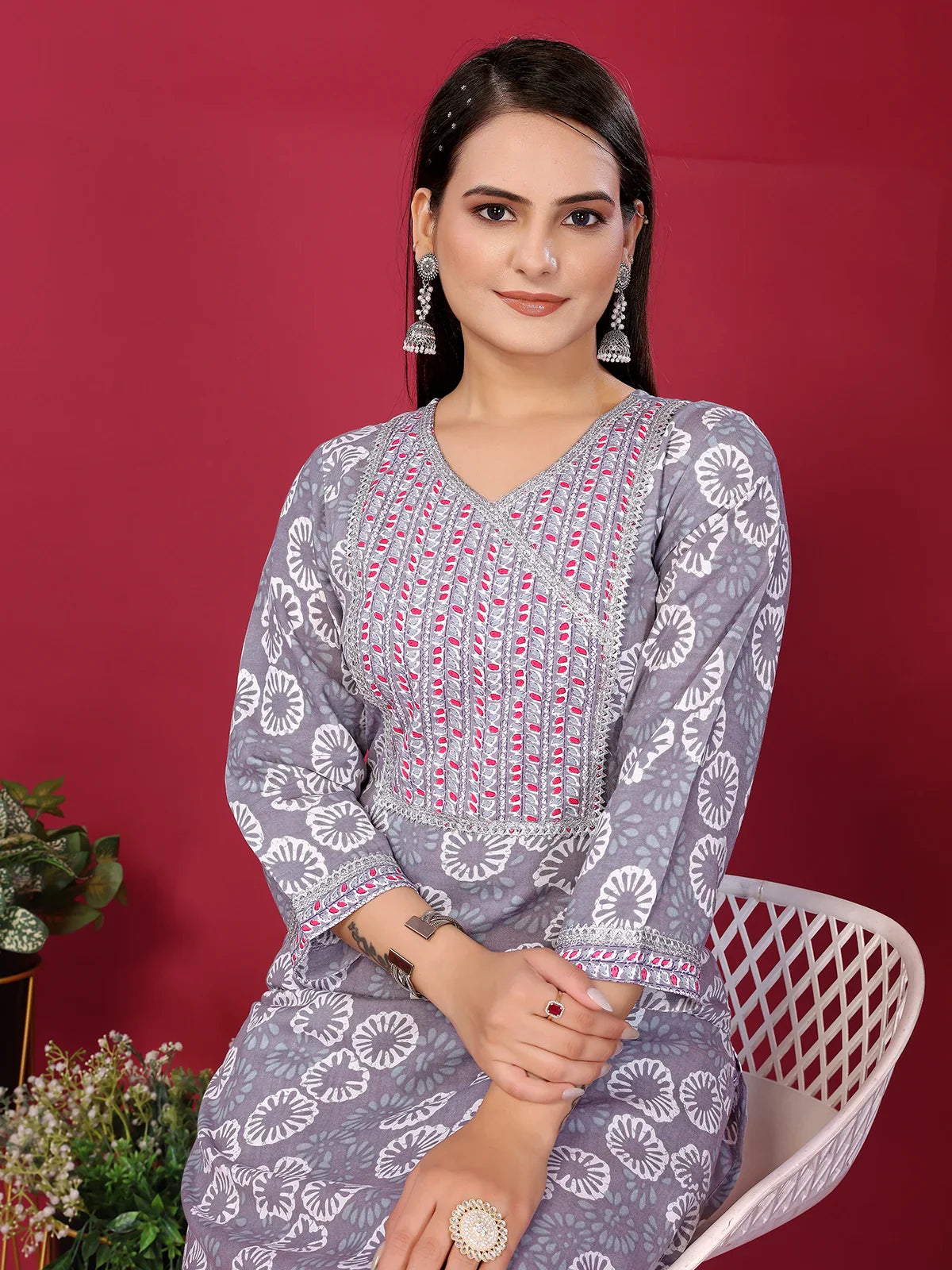 Buy Rayon Printed Straight Calf Length Kurta with Pant-Grey