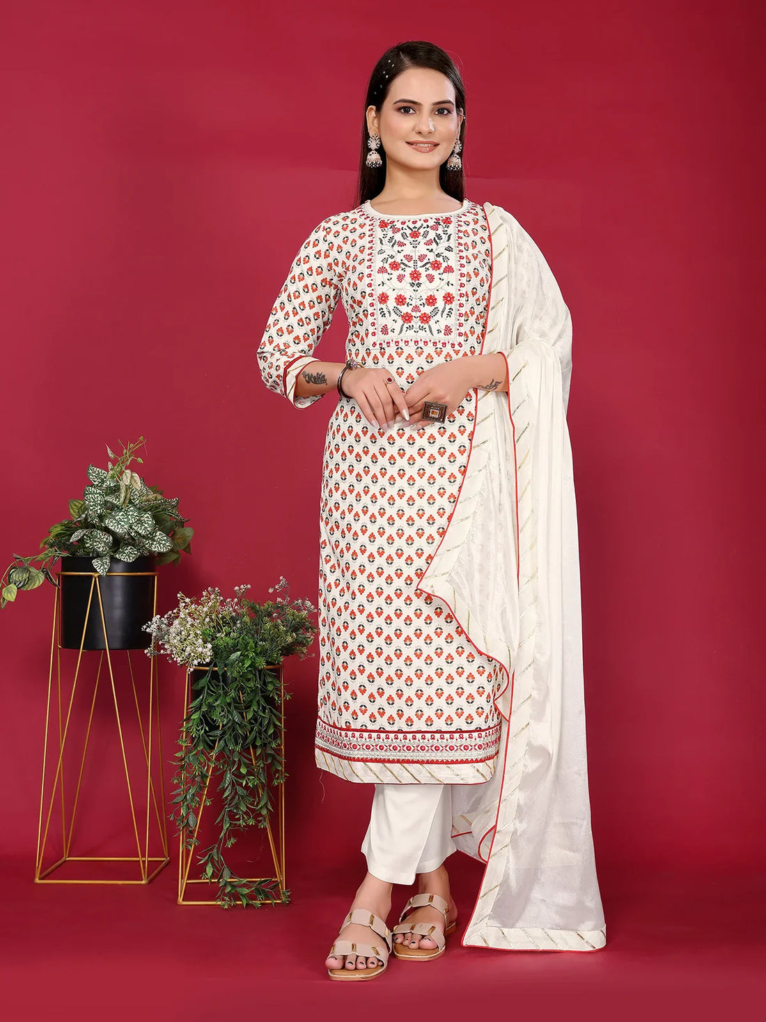 Buy Rayon Embroidered Straight Calf Length Kurta with Pant and Dupatta-Cream