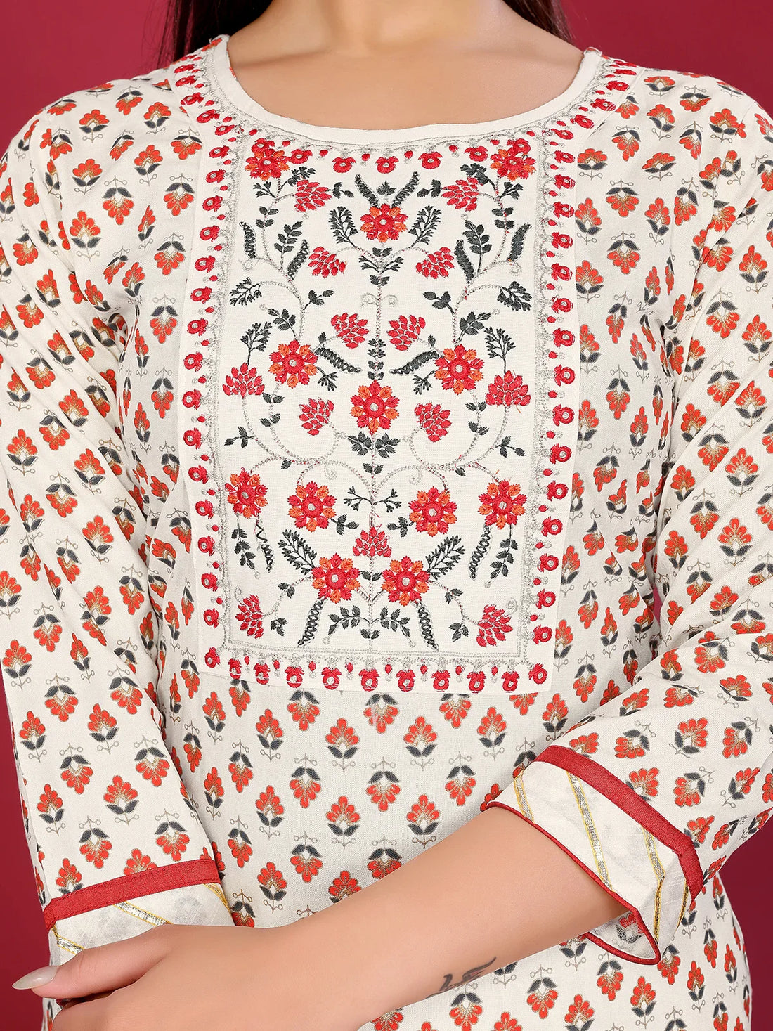 Buy Rayon Embroidered Straight Calf Length Kurta with Pant and Dupatta-Cream