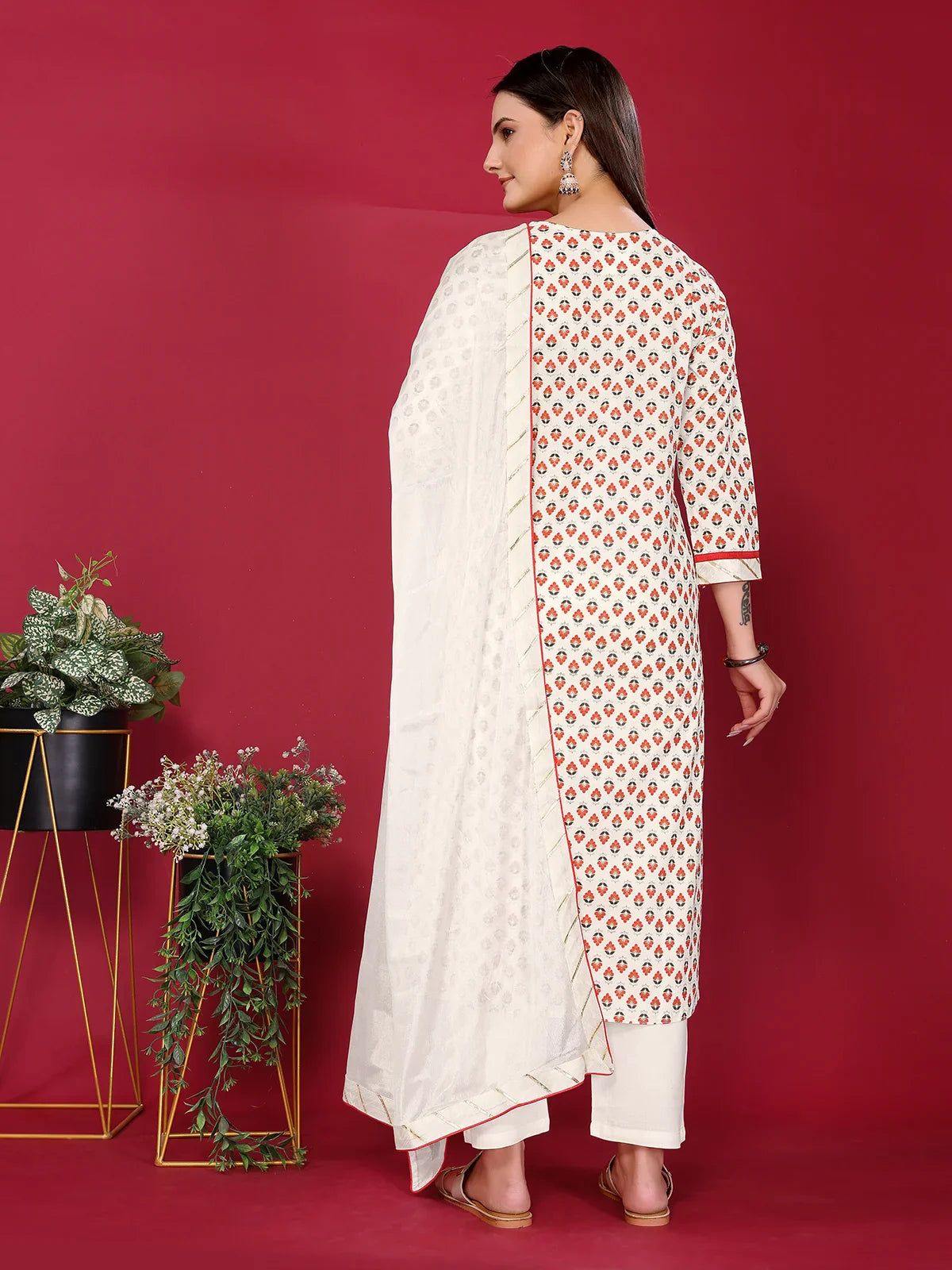Buy Rayon Embroidered Straight Calf Length Kurta with Pant and Dupatta-Cream