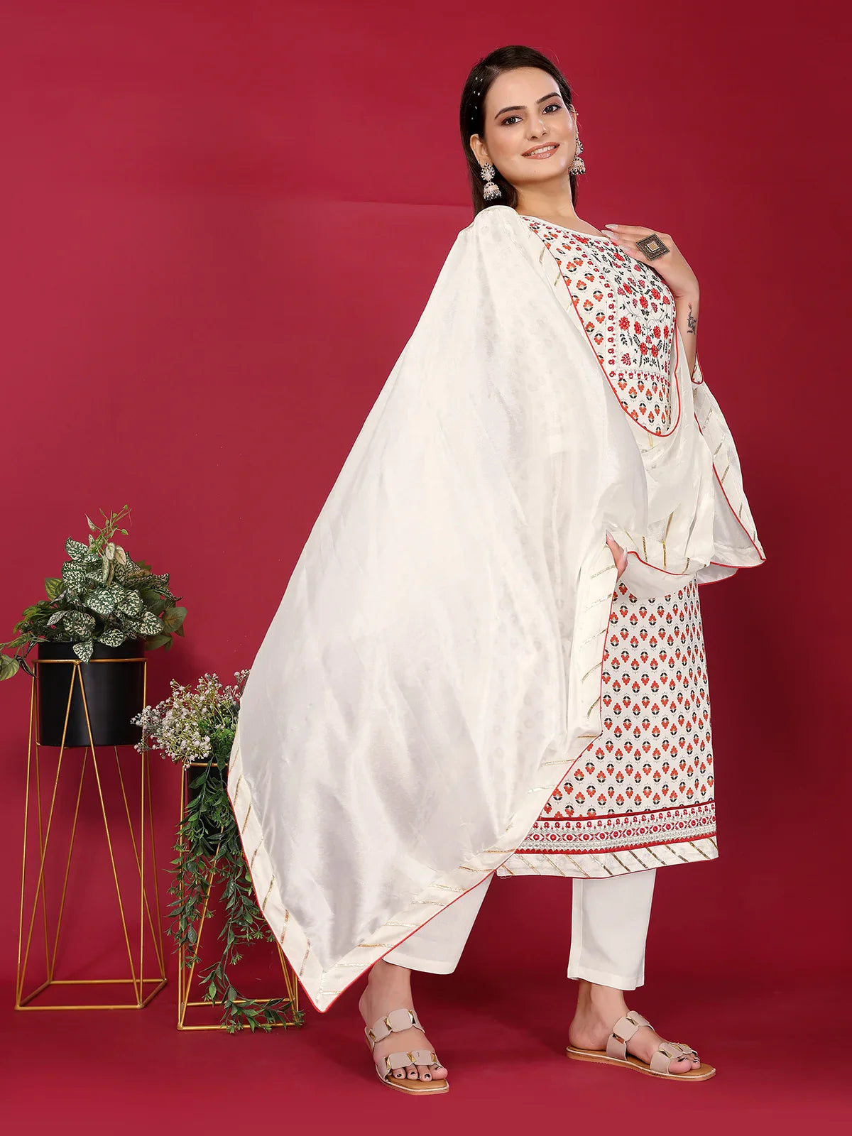 Buy Rayon Embroidered Straight Calf Length Kurta with Pant and Dupatta-Cream