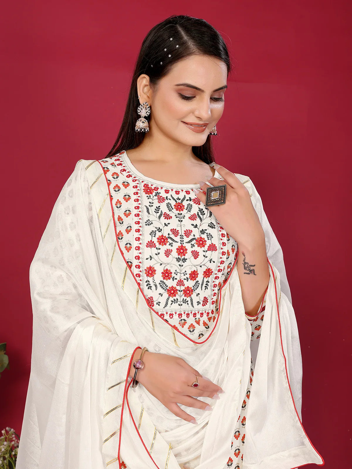 Buy Rayon Embroidered Straight Calf Length Kurta with Pant and Dupatta-Cream