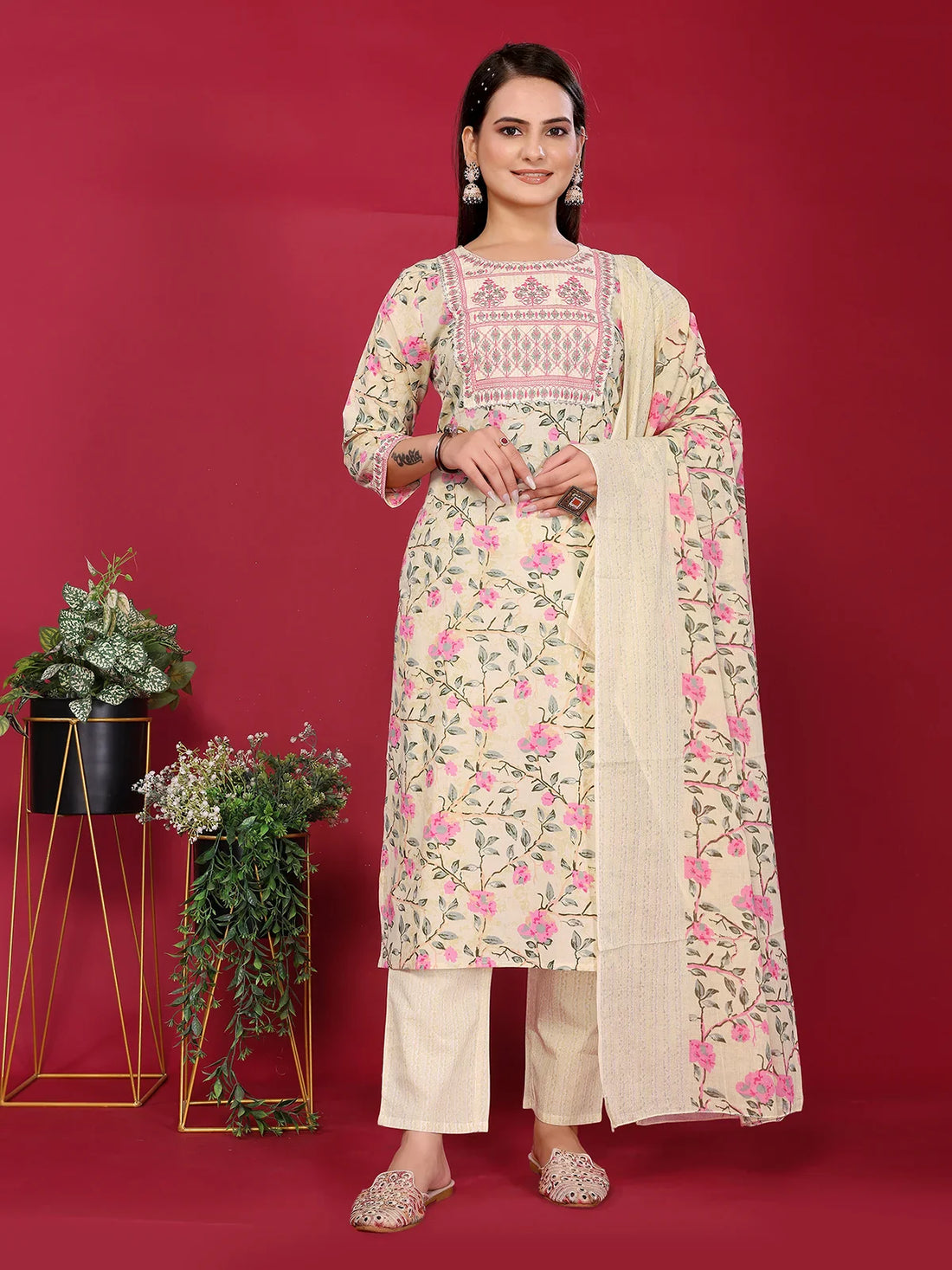 Buy Cotton Embroidered Straight Calf Length Kurta with Pant and Dupatta-Beige