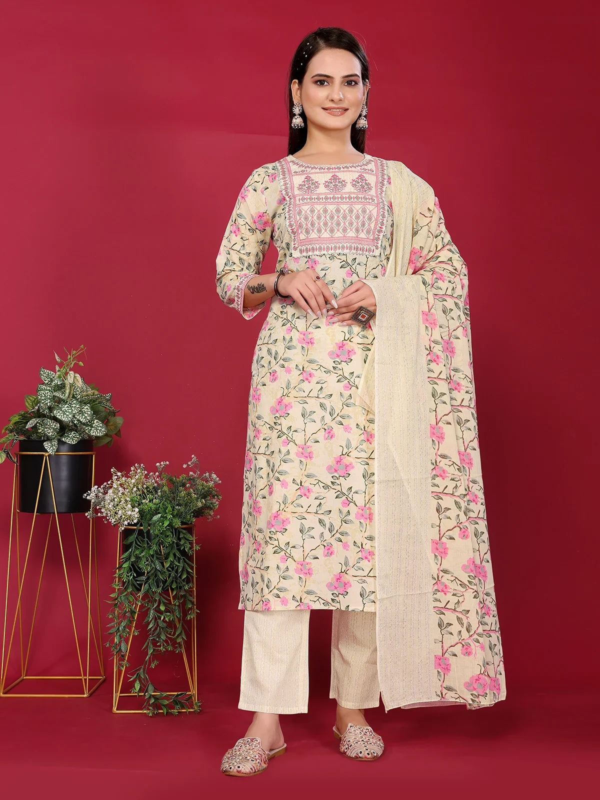 Buy Cotton Embroidered Straight Calf Length Kurta with Pant and Dupatta-Beige