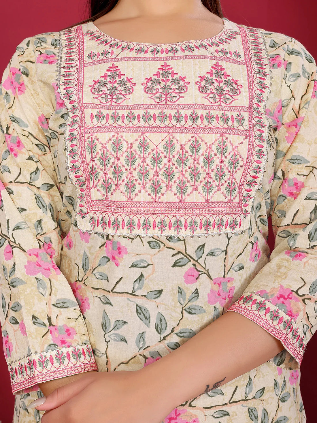 Buy Cotton Embroidered Straight Calf Length Kurta with Pant and Dupatta-Beige