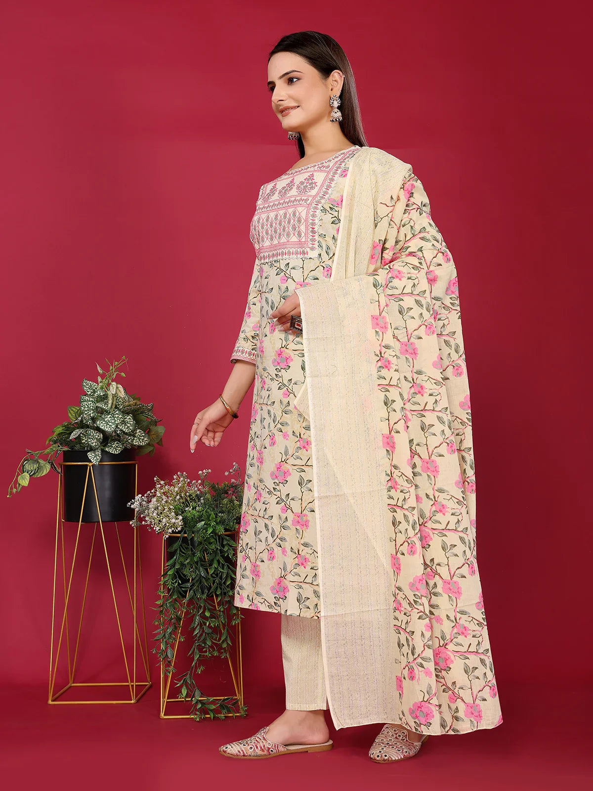 Buy Cotton Embroidered Straight Calf Length Kurta with Pant and Dupatta-Beige