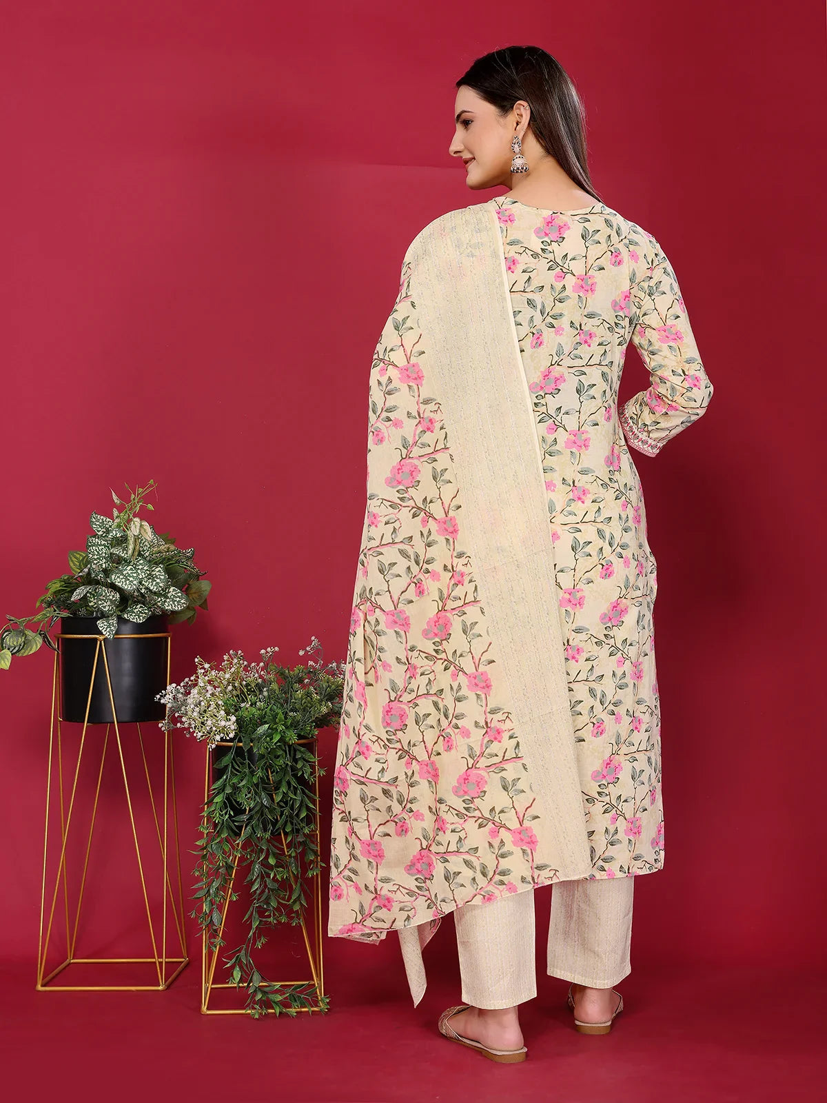 Buy Cotton Embroidered Straight Calf Length Kurta with Pant and Dupatta-Beige
