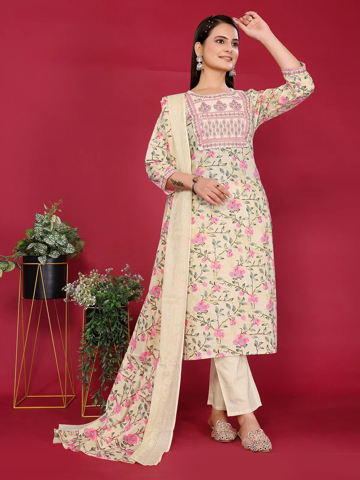 Buy Cotton Embroidered Straight Calf Length Kurta with Pant and Dupatta-Beige