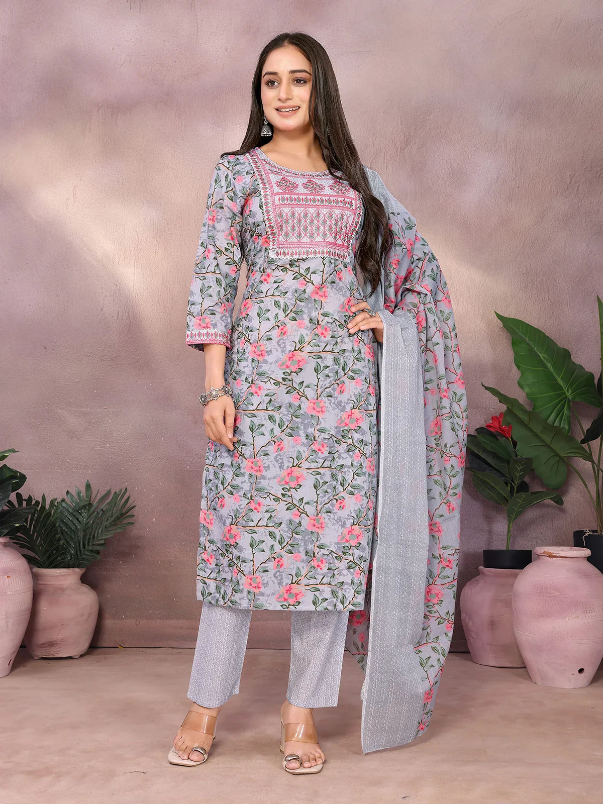 Buy Cotton Embroidered Straight Calf Length Kurta with Pant and Dupatta-Grey