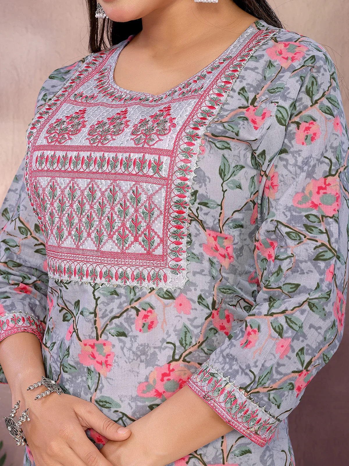 Buy Cotton Embroidered Straight Calf Length Kurta with Pant and Dupatta-Grey