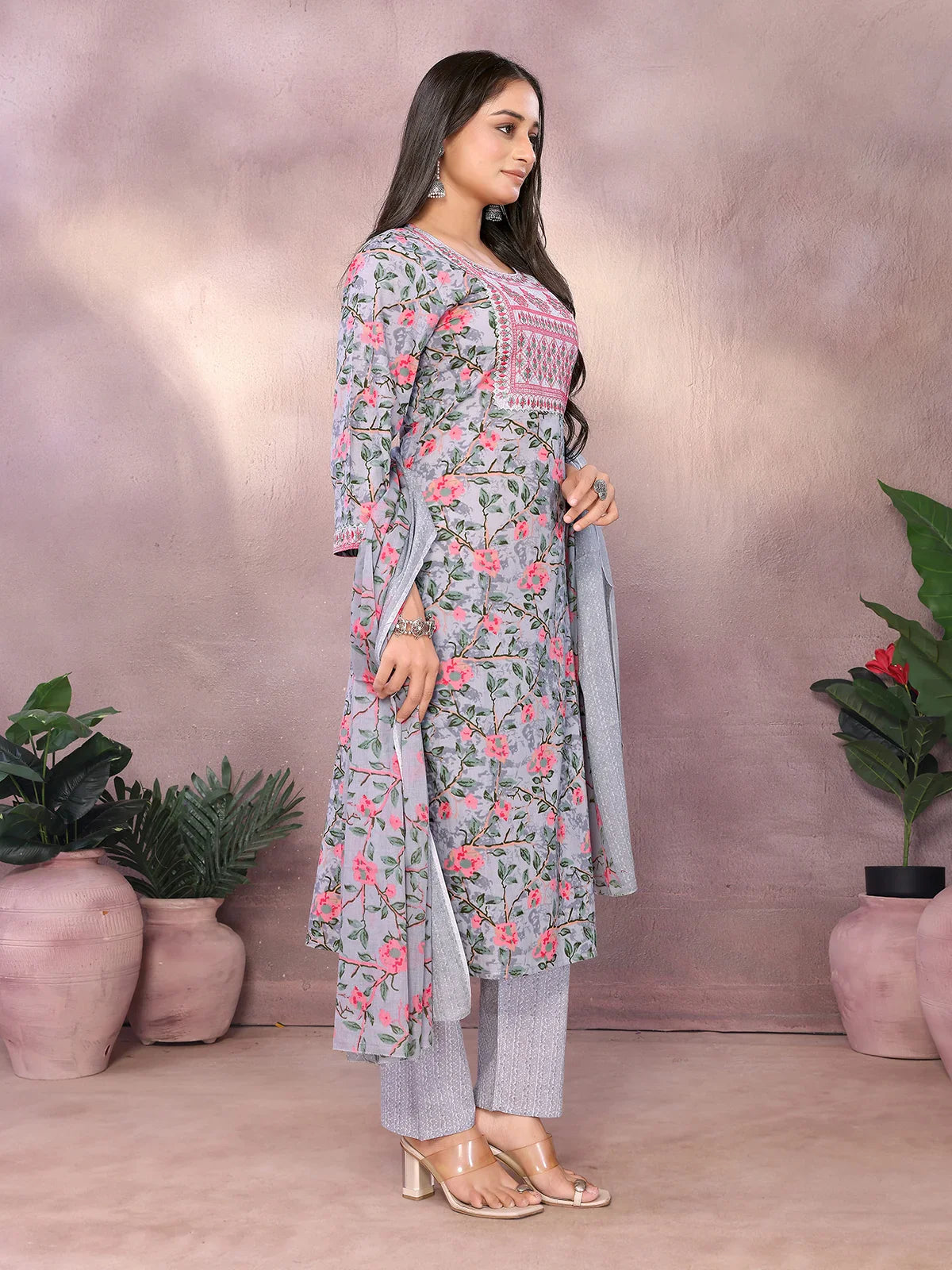 Buy Cotton Embroidered Straight Calf Length Kurta with Pant and Dupatta-Grey