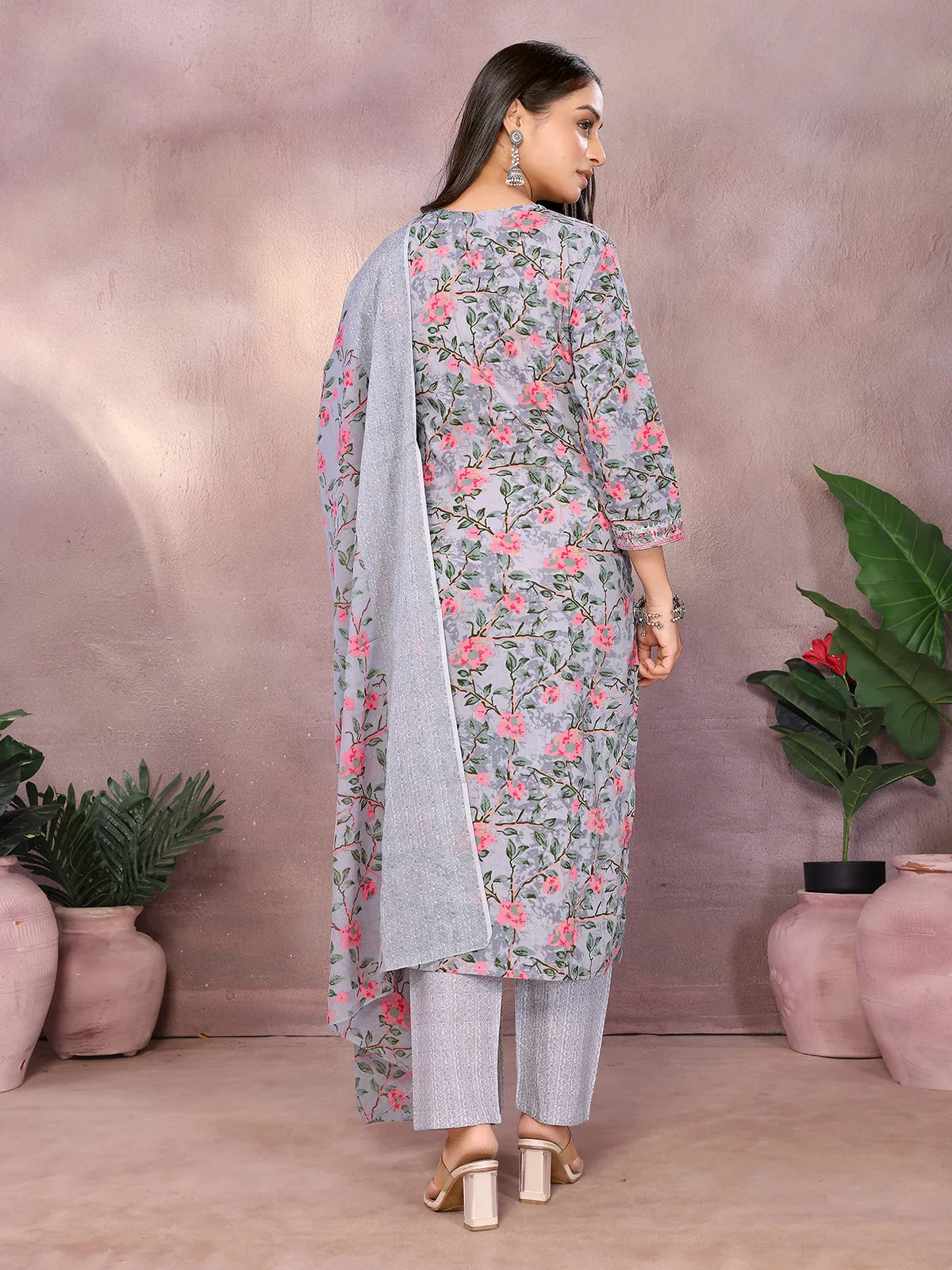 Buy Cotton Embroidered Straight Calf Length Kurta with Pant and Dupatta-Grey