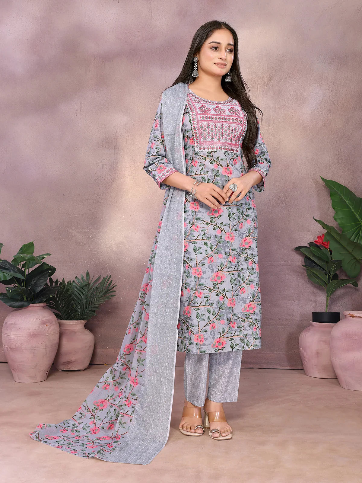 Buy Cotton Embroidered Straight Calf Length Kurta with Pant and Dupatta-Grey