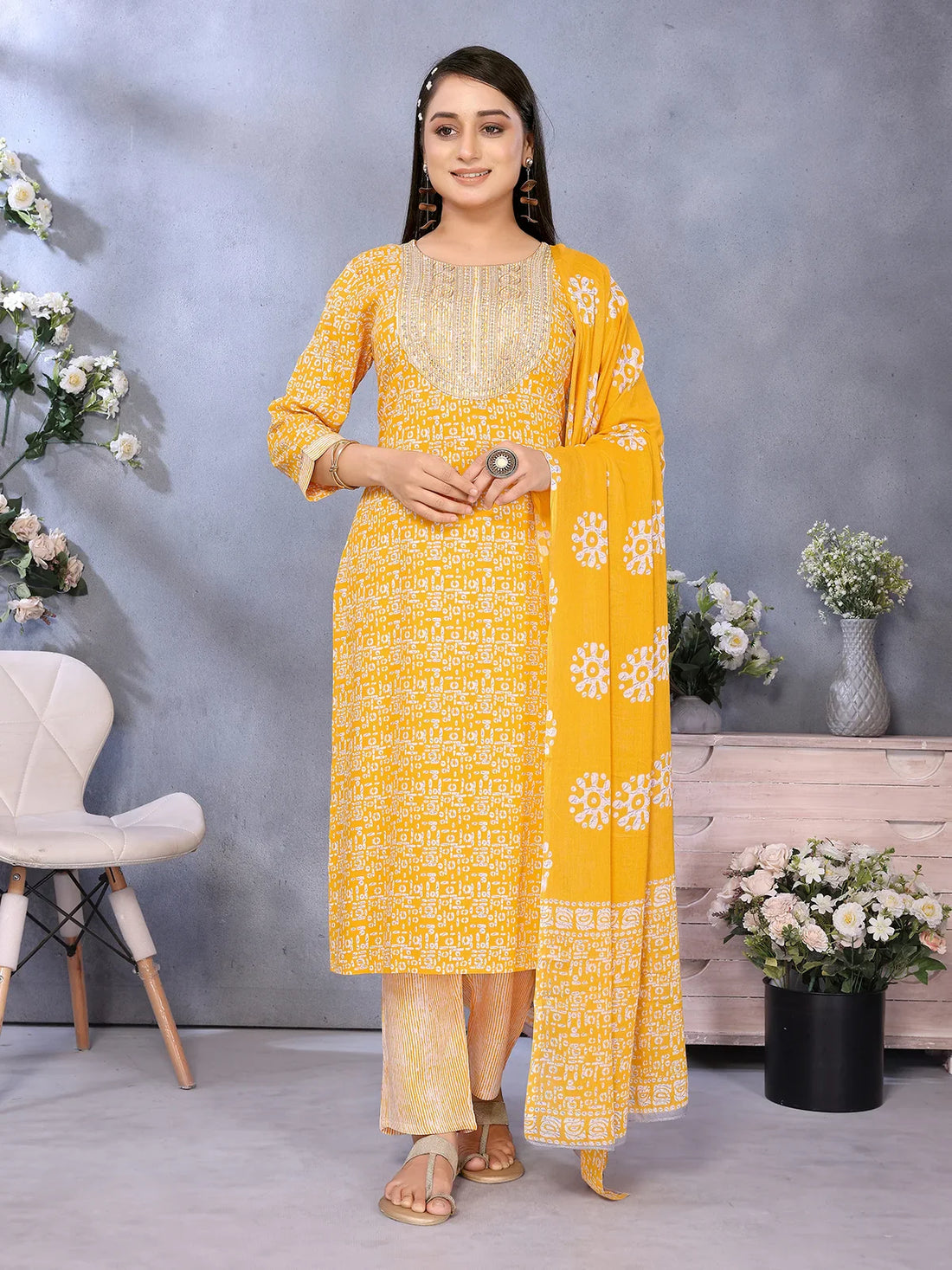 Buy Rayon Embroidered Straight Calf Length Kurta with Pant and Dupatta-Yellow