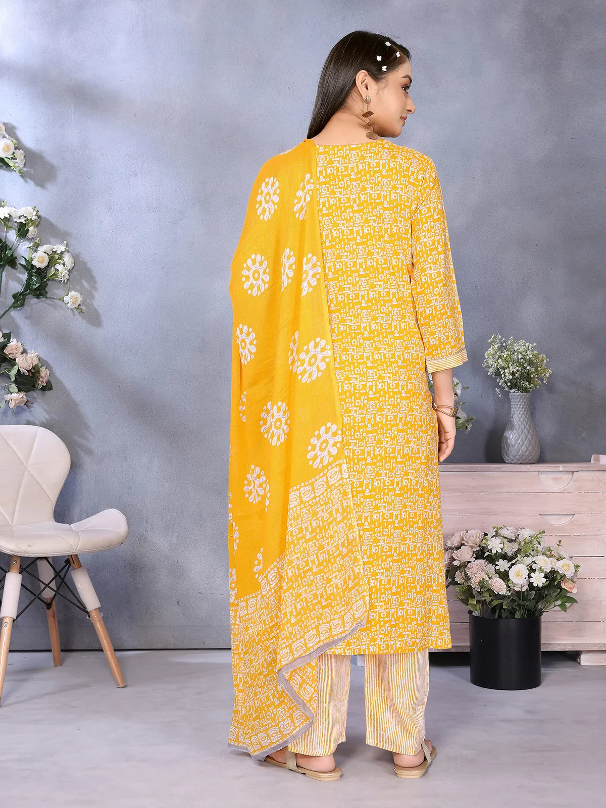 Buy Rayon Embroidered Straight Calf Length Kurta with Pant and Dupatta-Yellow