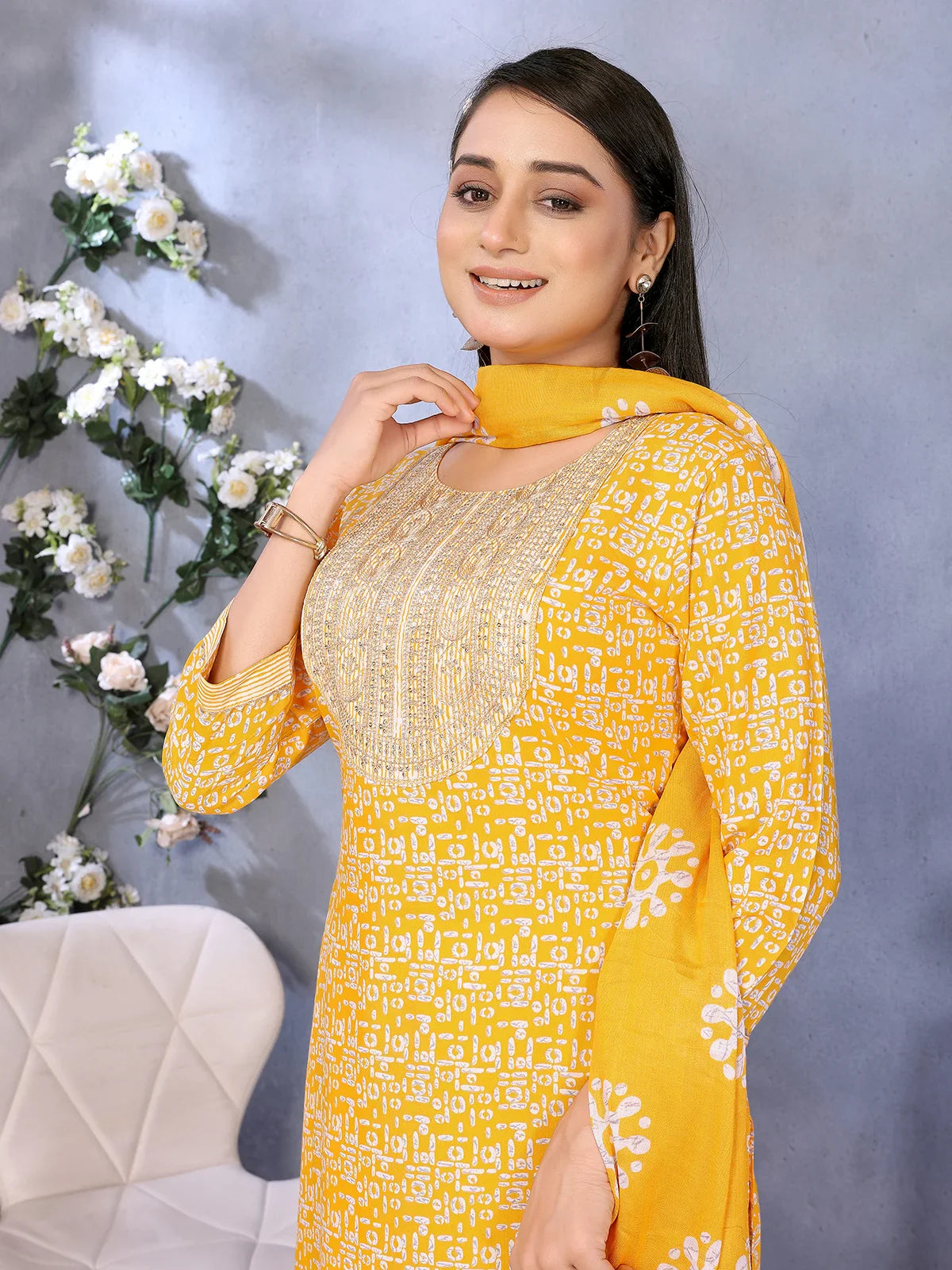 Buy Rayon Embroidered Straight Calf Length Kurta with Pant and Dupatta-Yellow