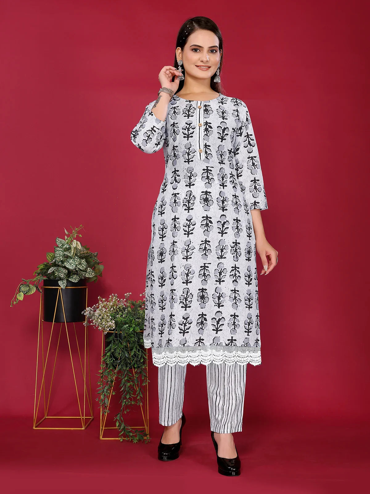 Buy Cotton Printed Straight Calf Length Kurta with Pant-Off White