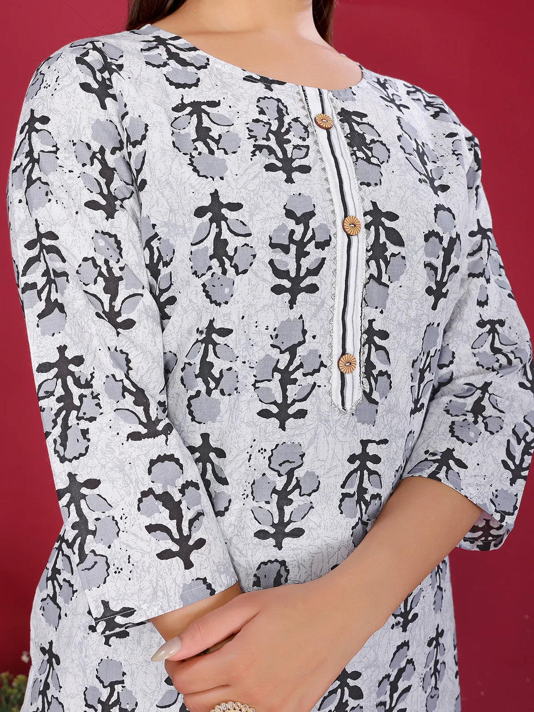Buy Cotton Printed Straight Calf Length Kurta with Pant-Off White