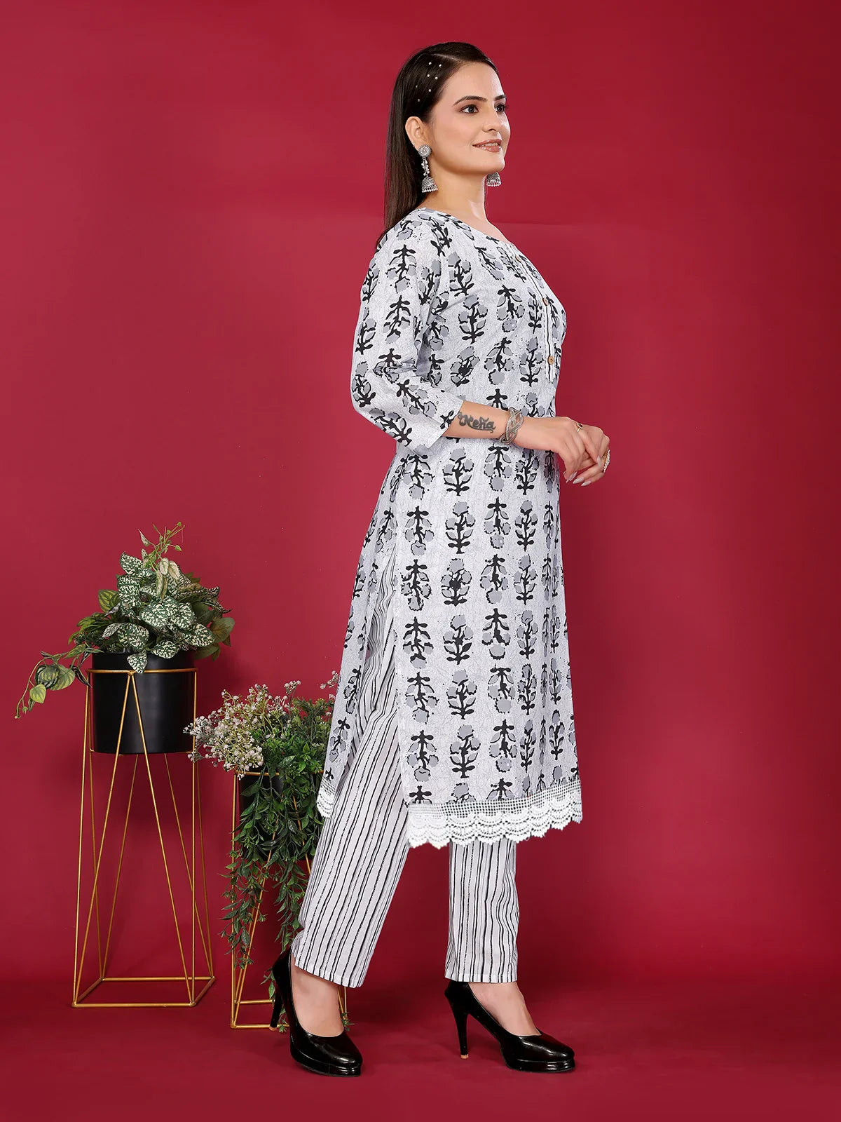 Buy Cotton Printed Straight Calf Length Kurta with Pant-Off White