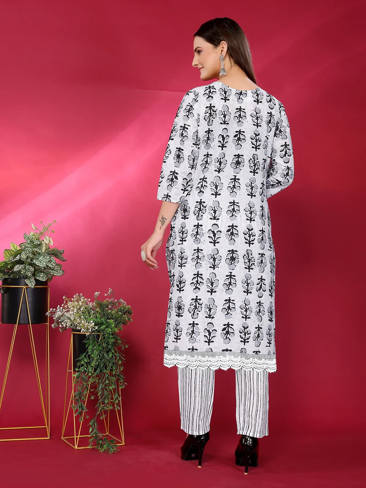 Buy Cotton Printed Straight Calf Length Kurta with Pant-Off White