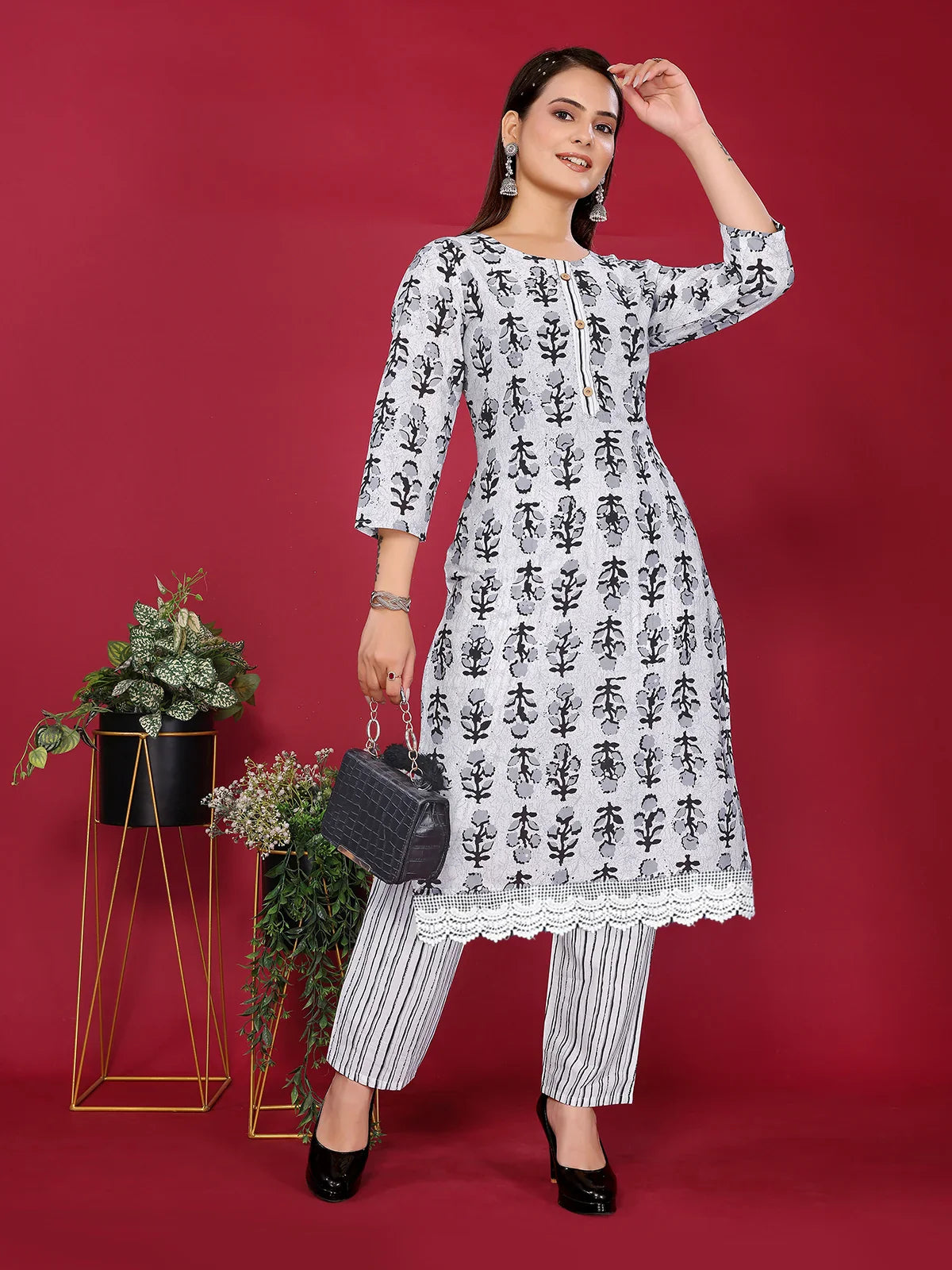 Buy Cotton Printed Straight Calf Length Kurta with Pant-Off White