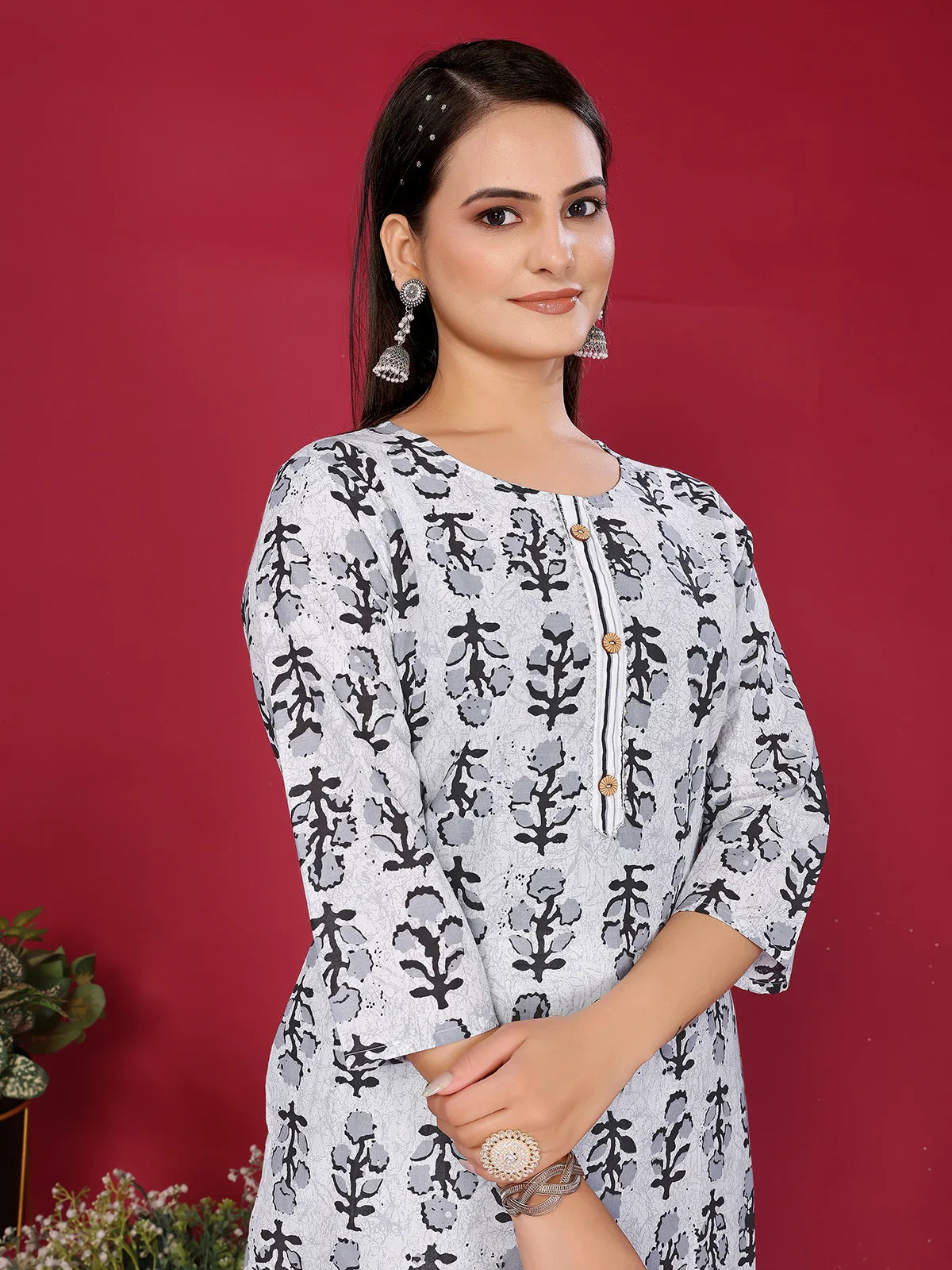 Buy Cotton Printed Straight Calf Length Kurta with Pant-Off White