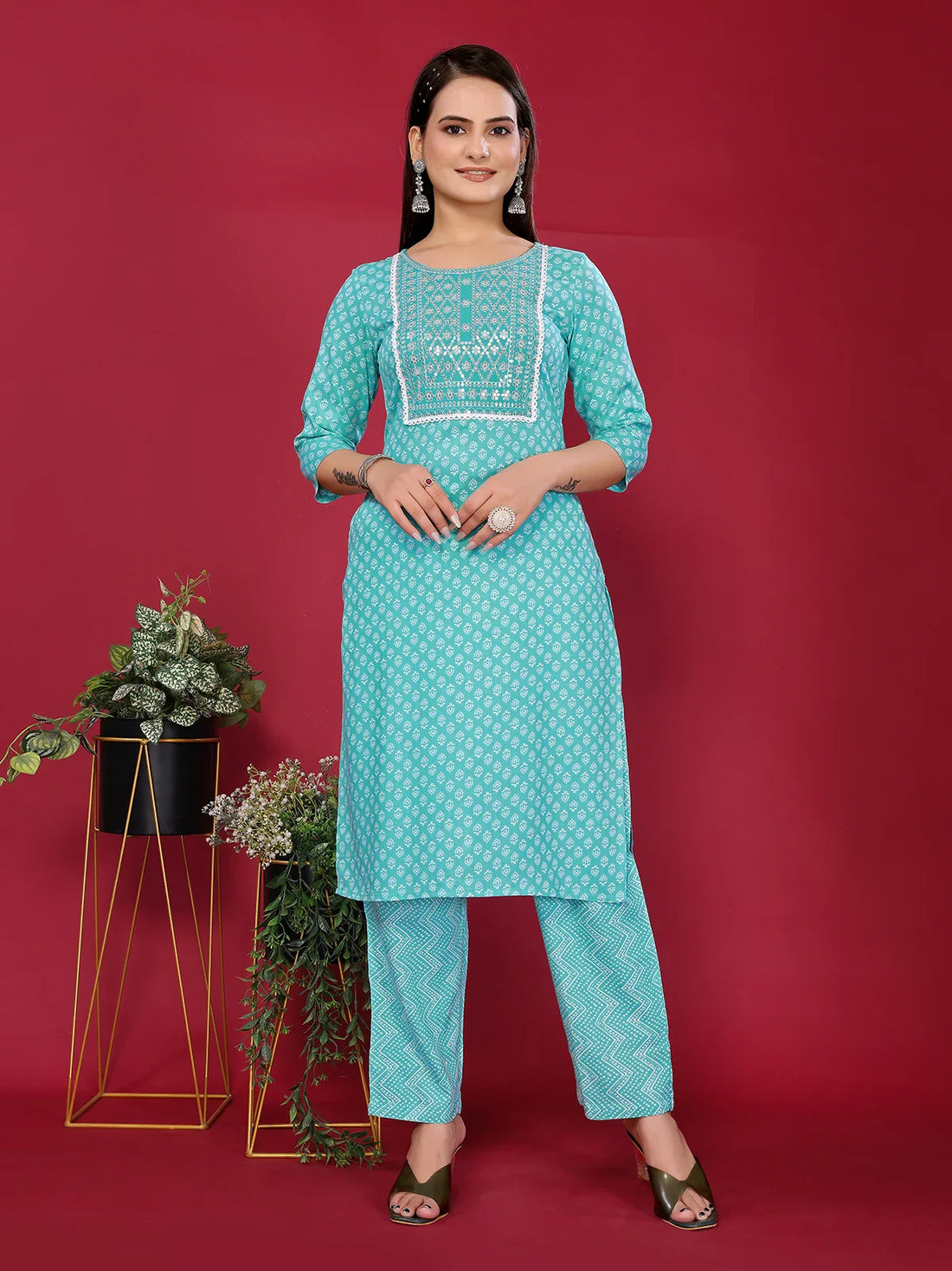 Buy Rayon Embroidered Straight Knee Length Kurta with Pant-Sea Green