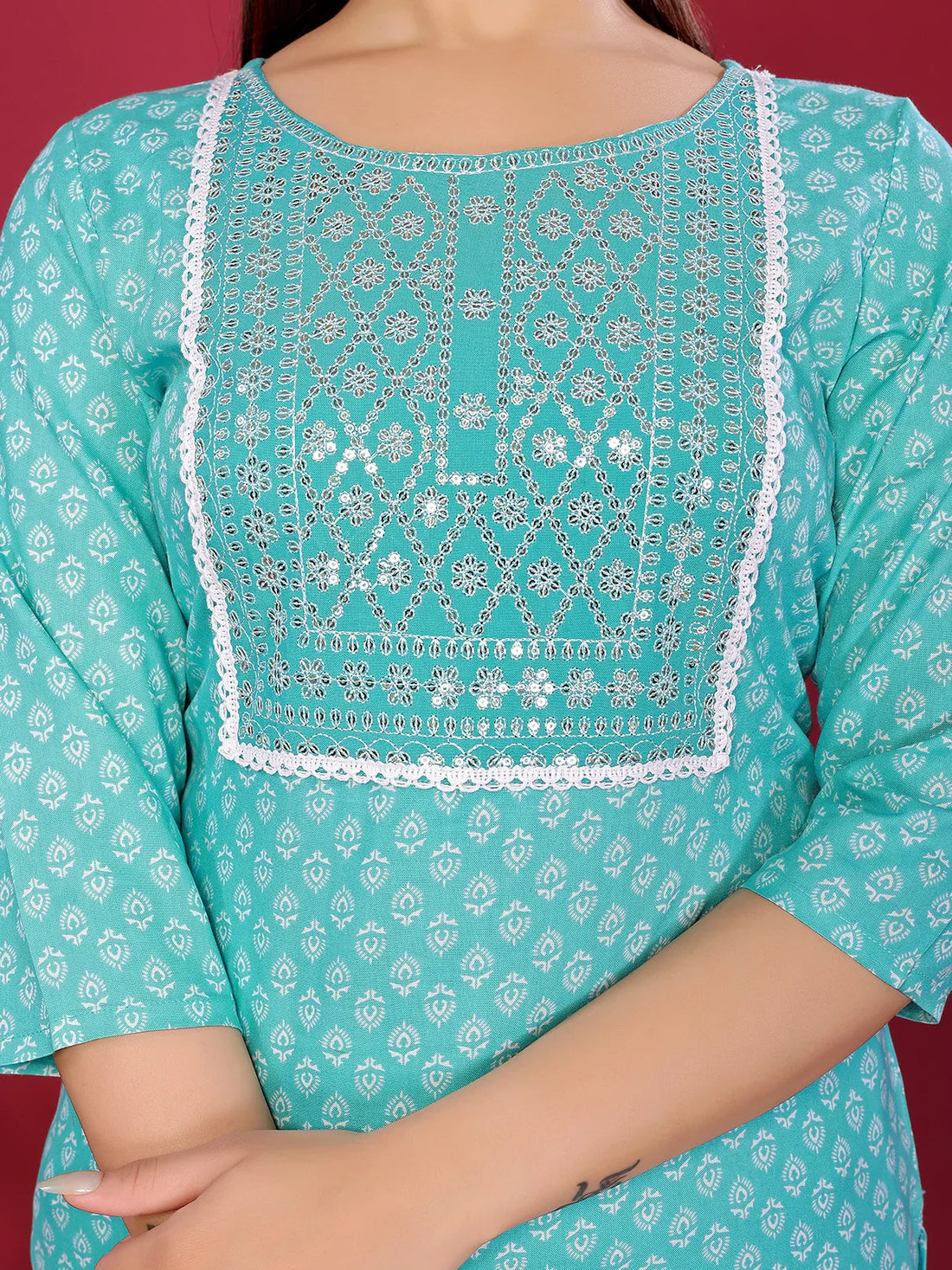 Buy Rayon Embroidered Straight Knee Length Kurta with Pant-Sea Green