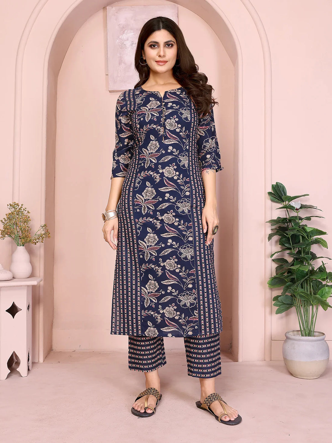 Buy Cotton Printed Straight Calf Length Kurta with Pant-Blue