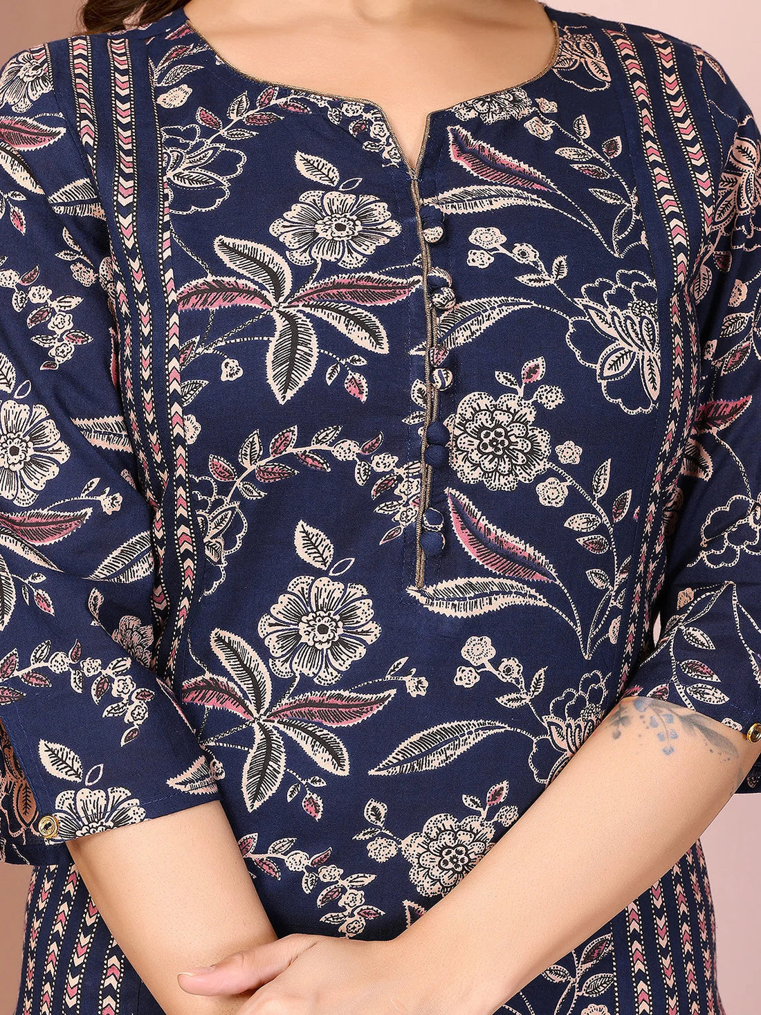 Buy Cotton Printed Straight Calf Length Kurta with Pant-Blue