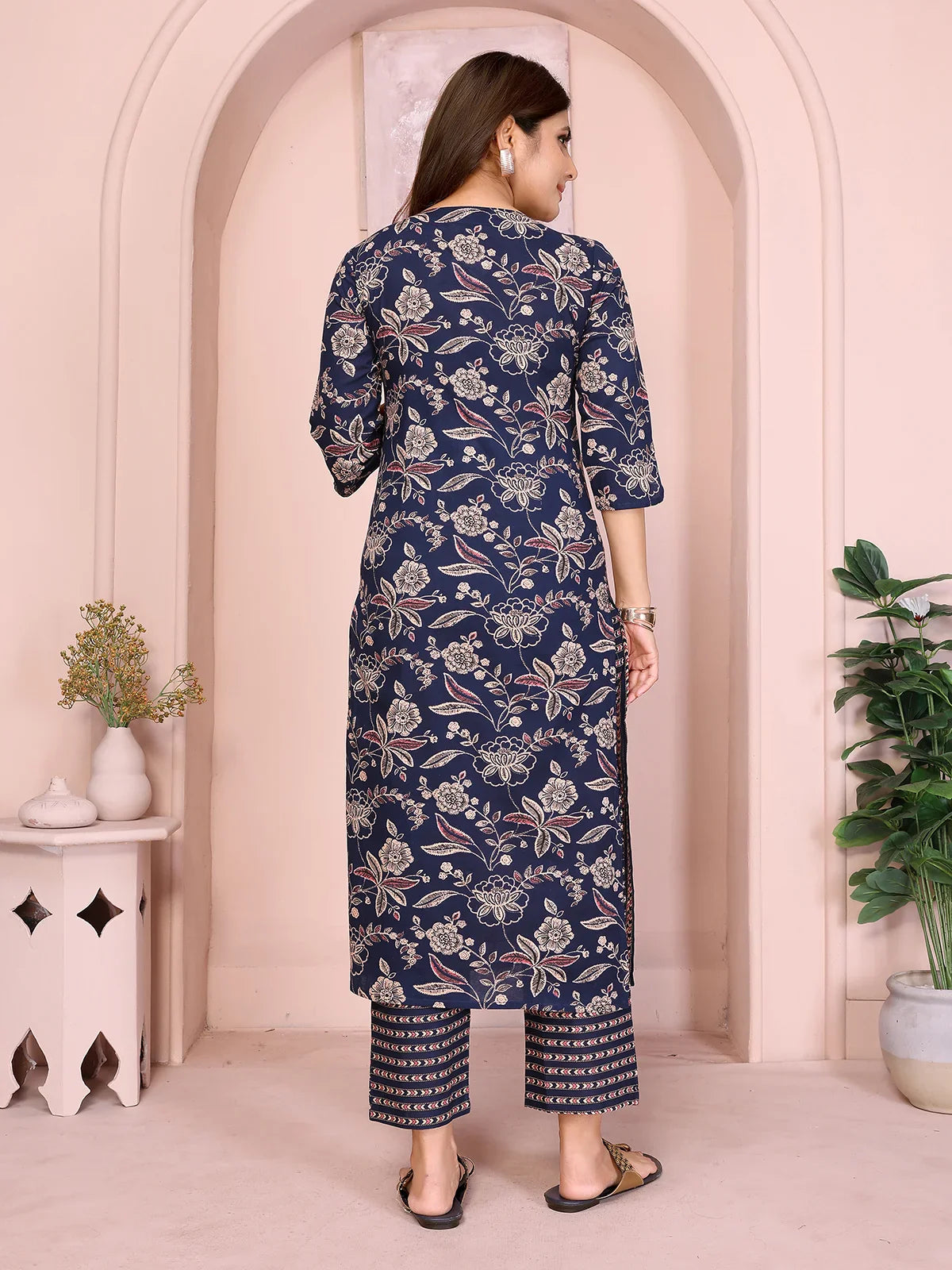 Buy Cotton Printed Straight Calf Length Kurta with Pant-Blue