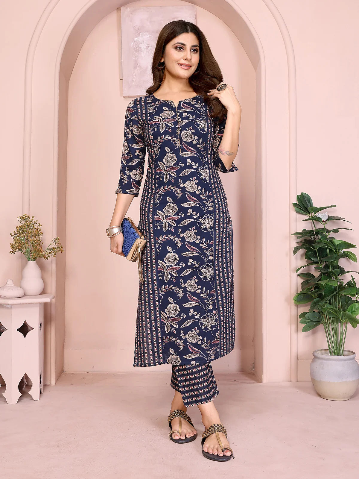 Buy Cotton Printed Straight Calf Length Kurta with Pant-Blue
