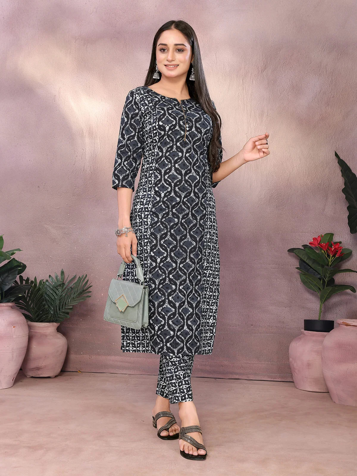 Buy Cotton Printed Straight Calf Length Kurta with Pant-Grey