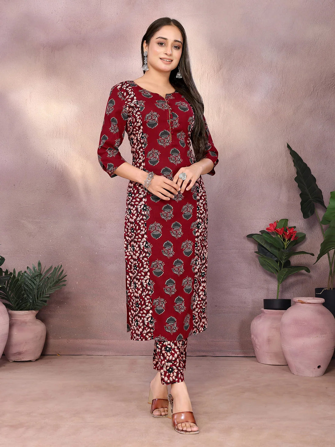 Buy Rayon Printed Straight Calf Length Kurta with Pant-Maroon