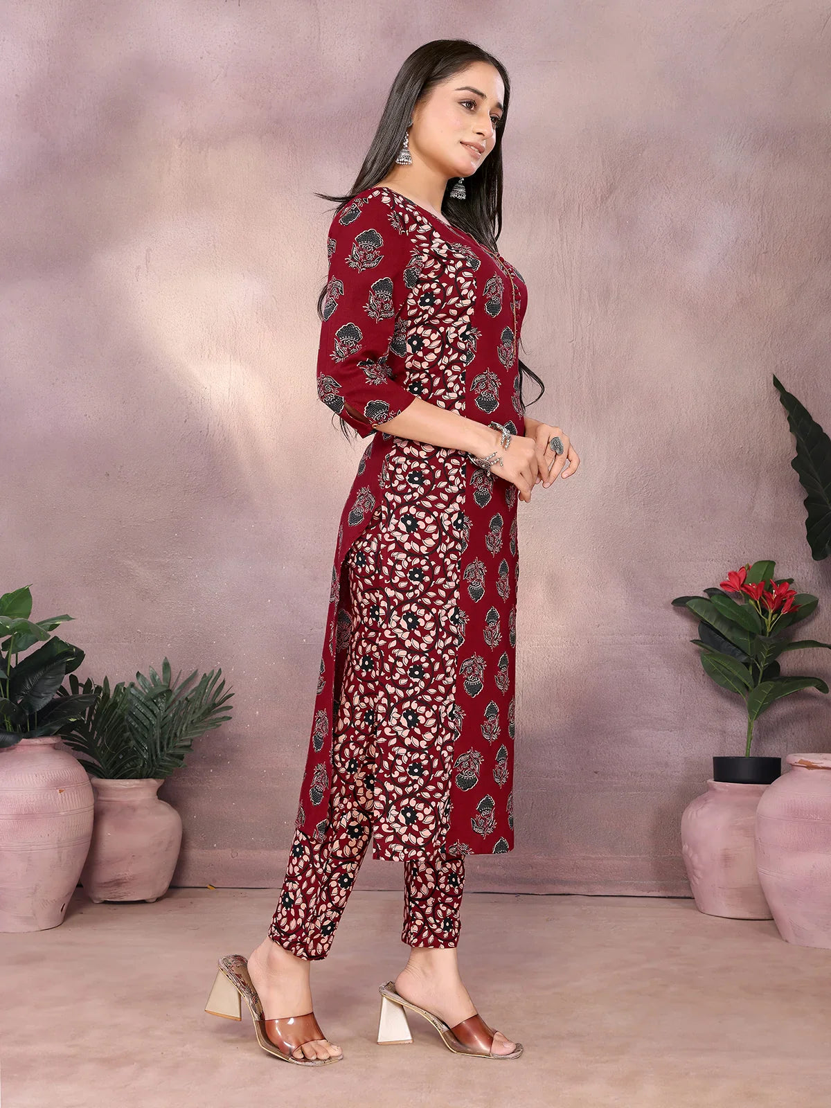 Buy Rayon Printed Straight Calf Length Kurta with Pant-Maroon