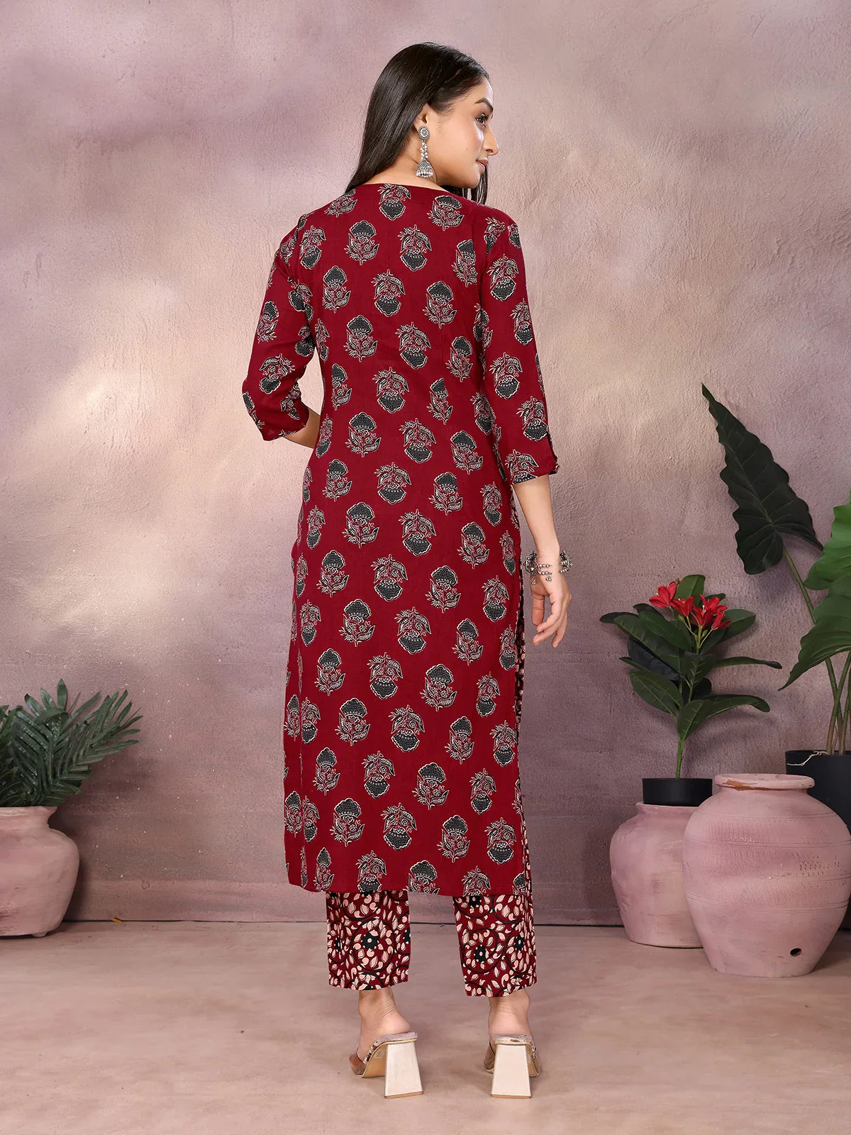 Buy Rayon Printed Straight Calf Length Kurta with Pant-Maroon