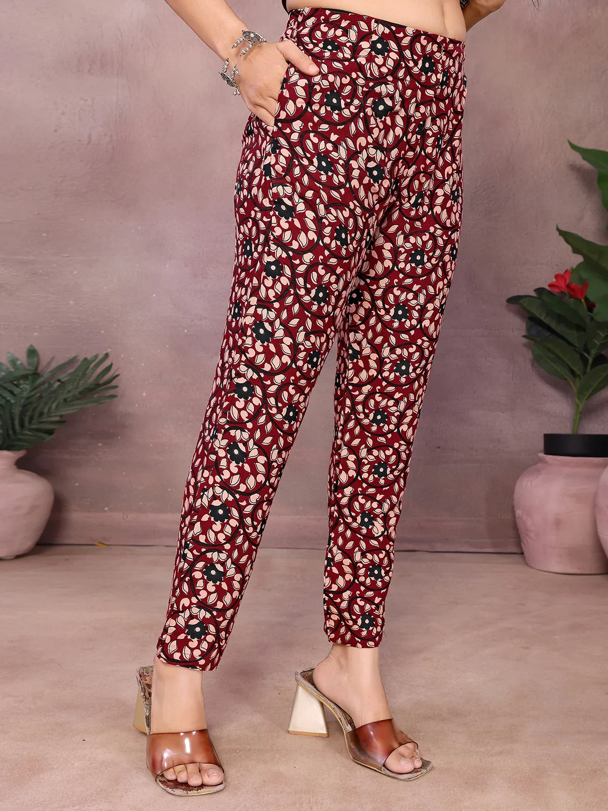 Buy Rayon Printed Straight Calf Length Kurta with Pant-Maroon