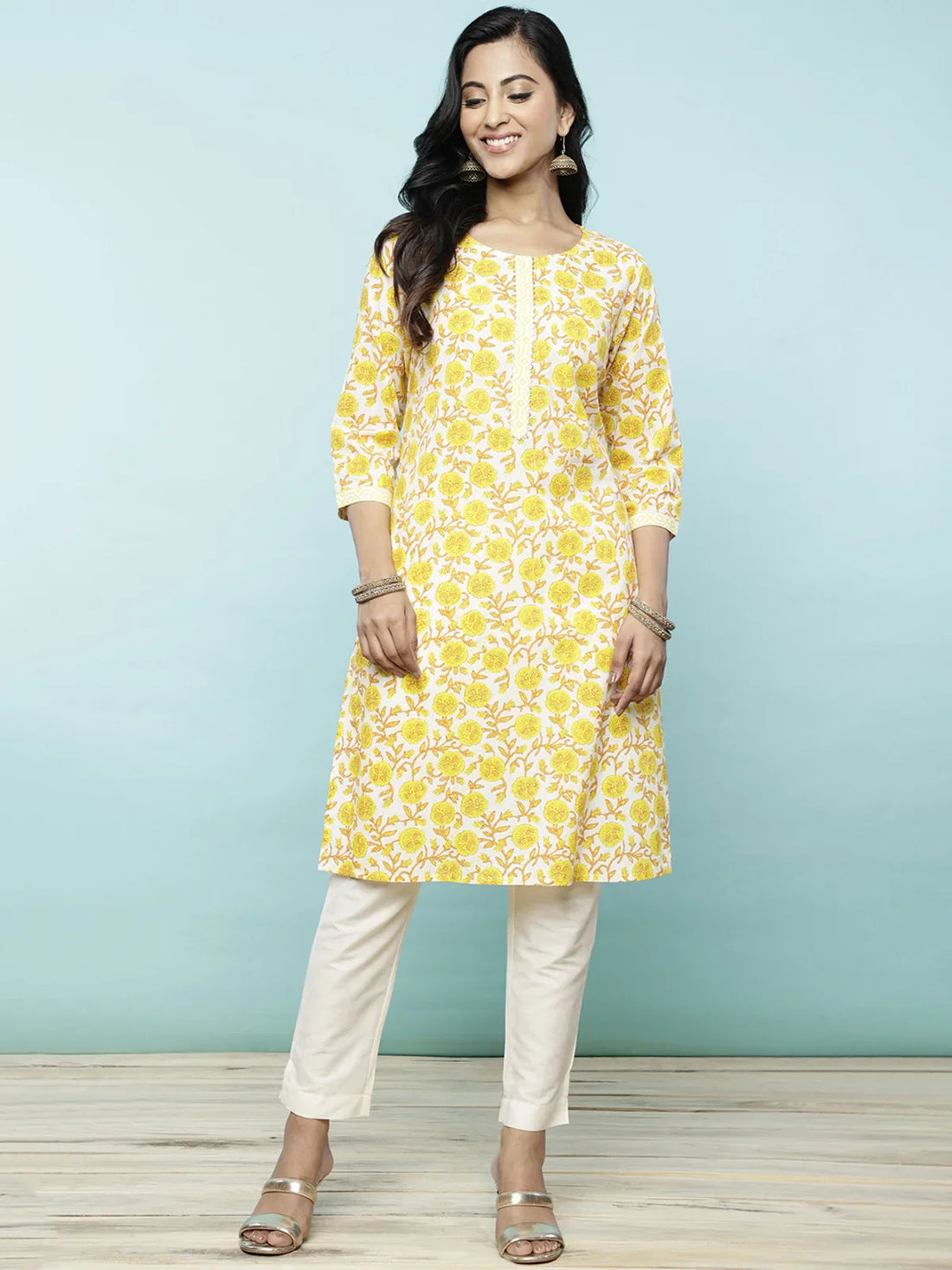 Buy Cotton Printed Straight Knee Length Kurta-Yellow