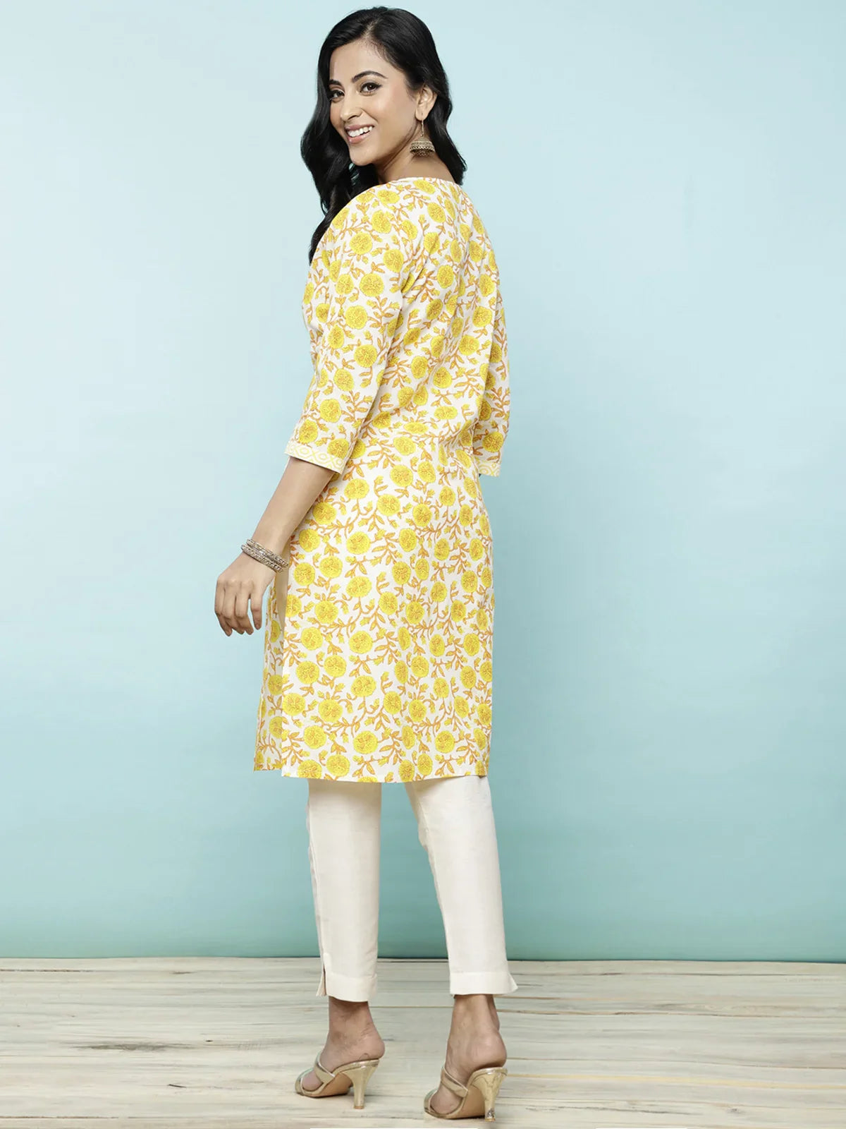 Buy Cotton Printed Straight Knee Length Kurta-Yellow