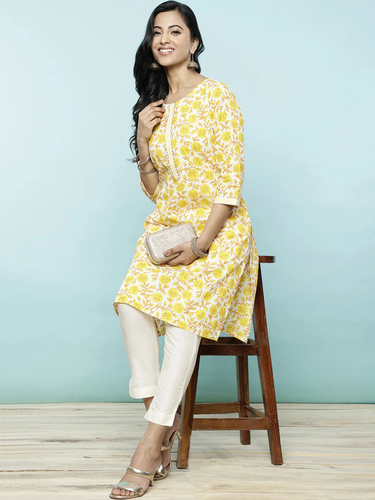 Buy Cotton Printed Straight Knee Length Kurta-Yellow