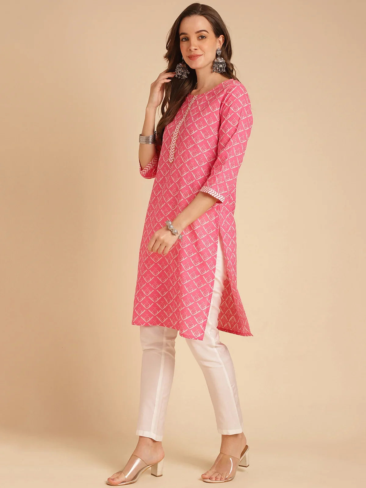 Buy Rayon Printed Straight Knee Length Kurta-Pink