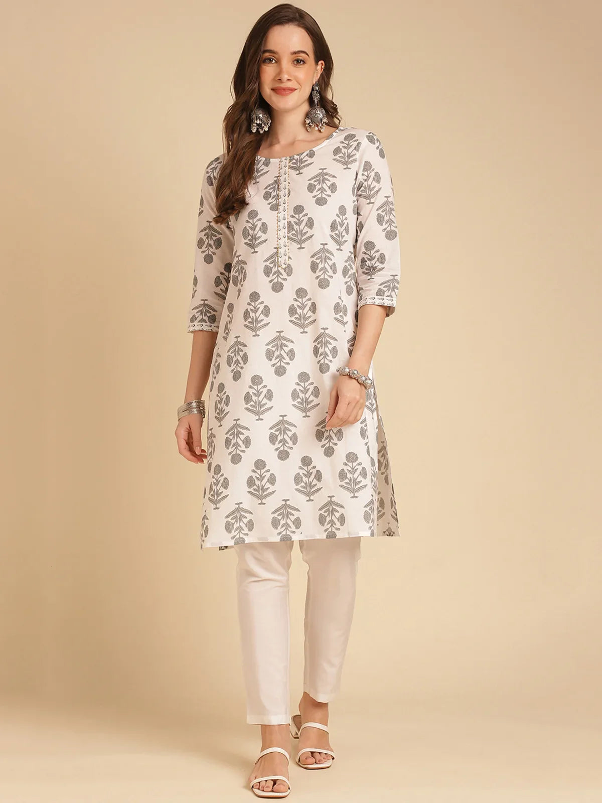 Buy Cotton Printed Straight Knee Length Kurta-Grey