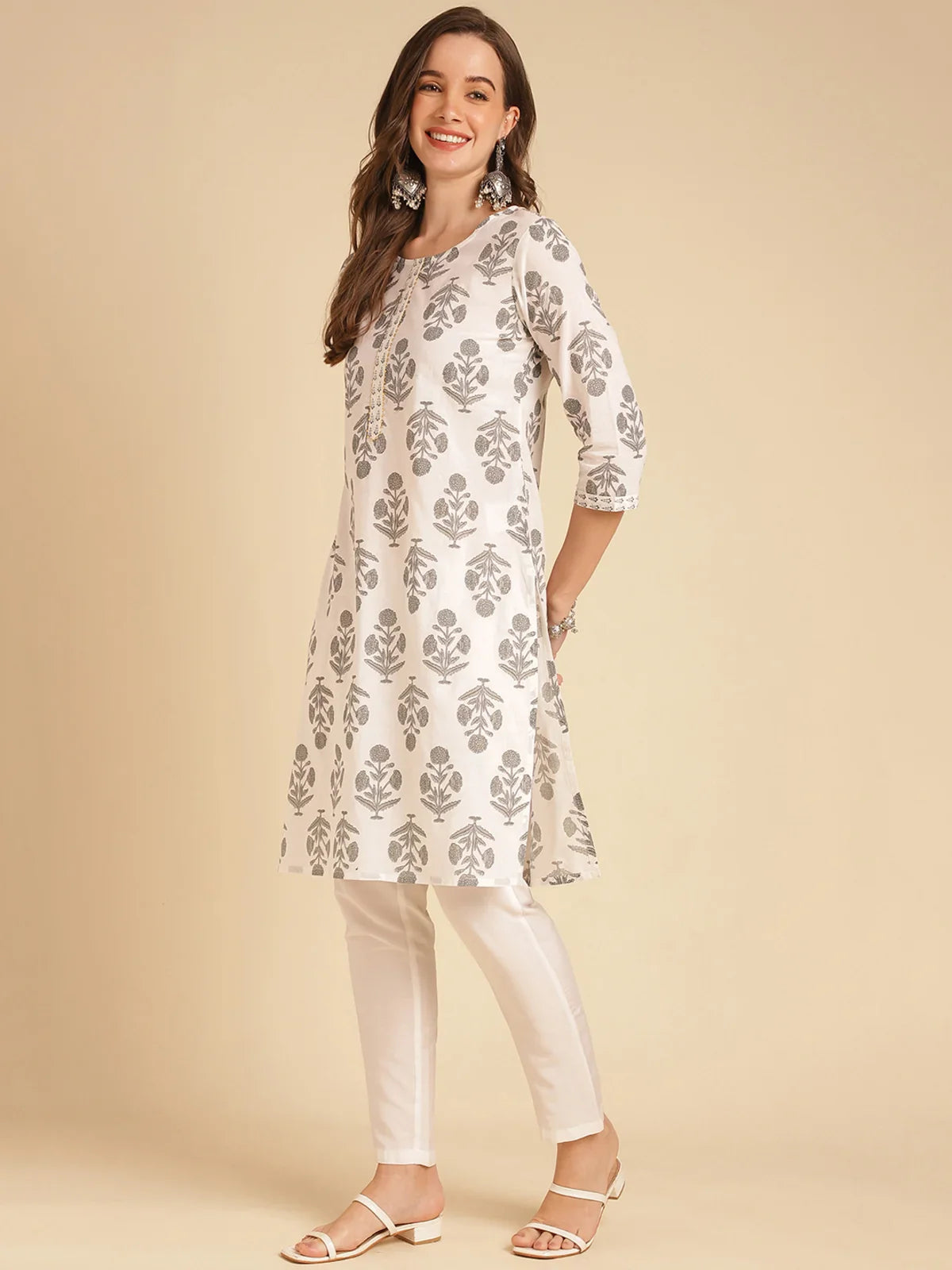 Buy Cotton Printed Straight Knee Length Kurta-Grey